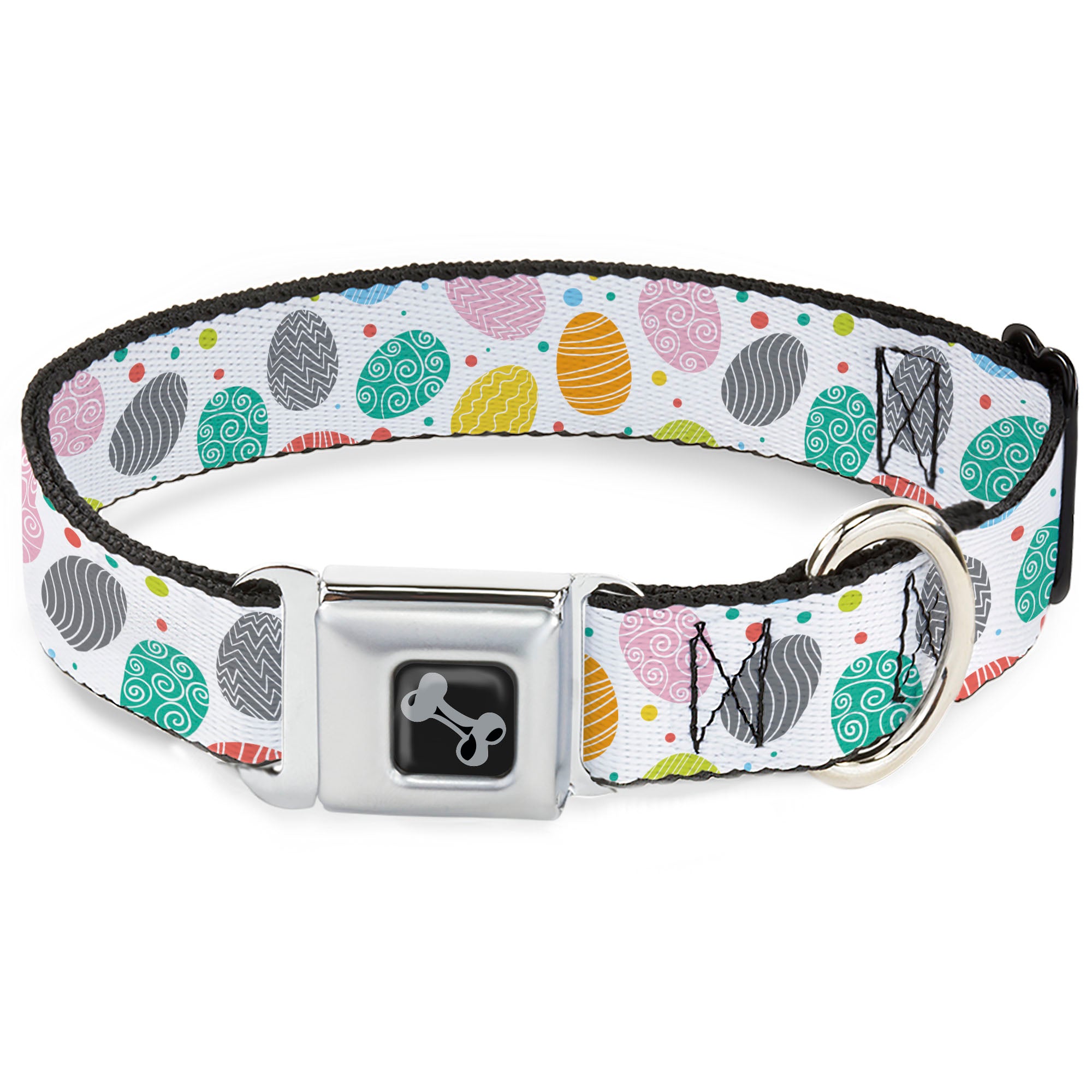Dog Bone Black/Silver Seatbelt Buckle Collar - Easter Eggs Decorated Eggs Scattered White/Multi Color Seatbelt Buckle Collars Buckle-Down