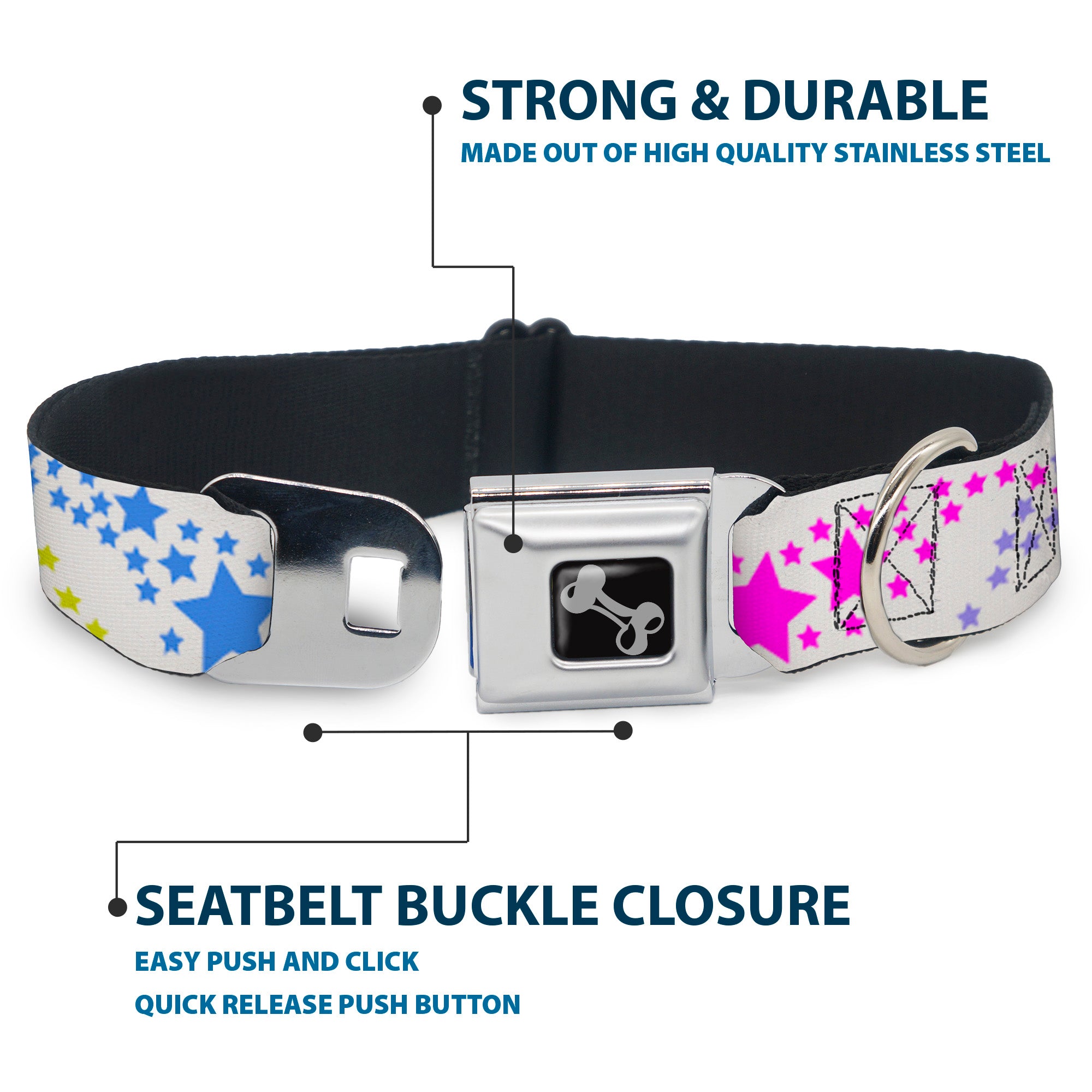 Dog Bone Seatbelt Buckle Collar - Falling Stars White/Multi Color Seatbelt Buckle Collars Buckle-Down