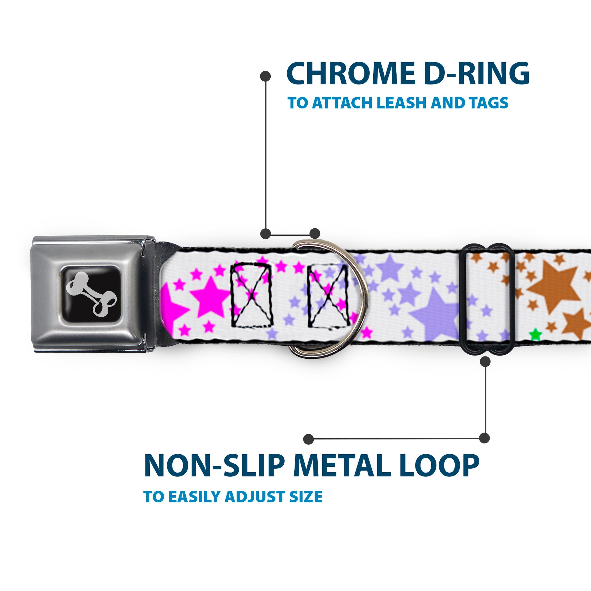 Dog Bone Seatbelt Buckle Collar - Falling Stars White/Multi Color Seatbelt Buckle Collars Buckle-Down