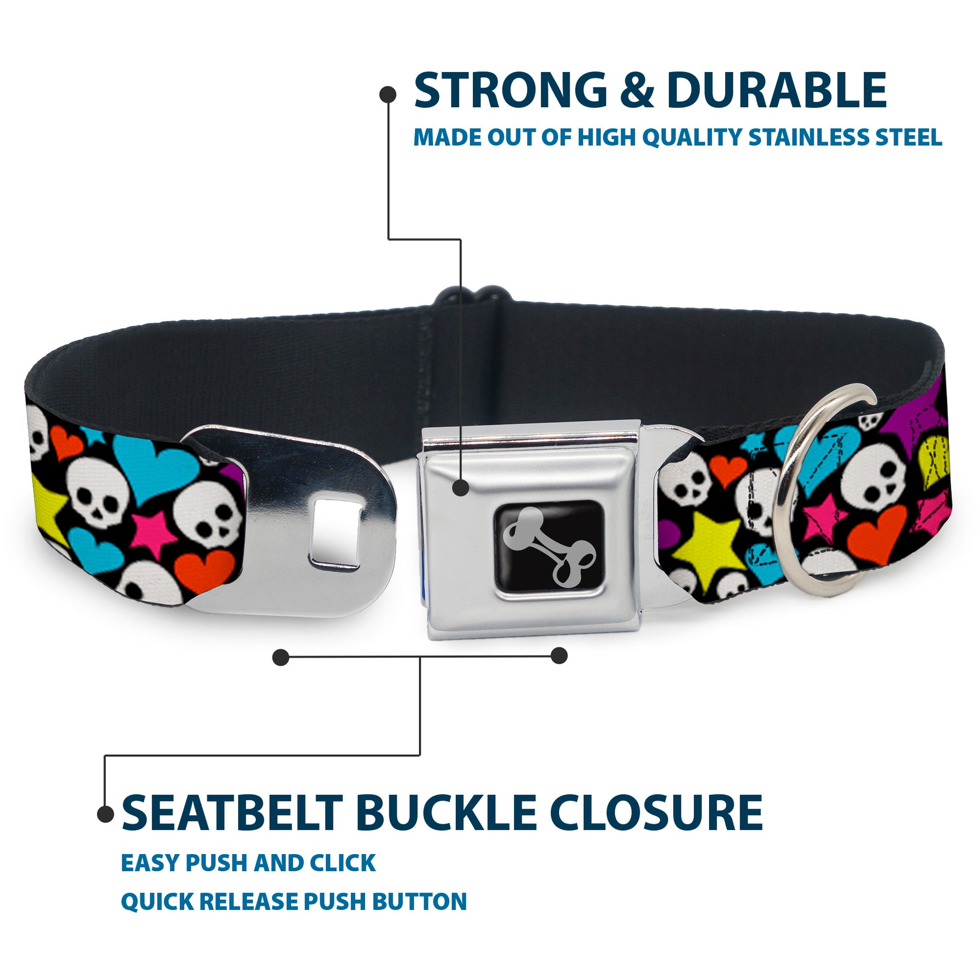 Dog Bone Seatbelt Buckle Collar - Funky Skulls Hearts & Stars Black/Multi Color Seatbelt Buckle Collars Buckle-Down