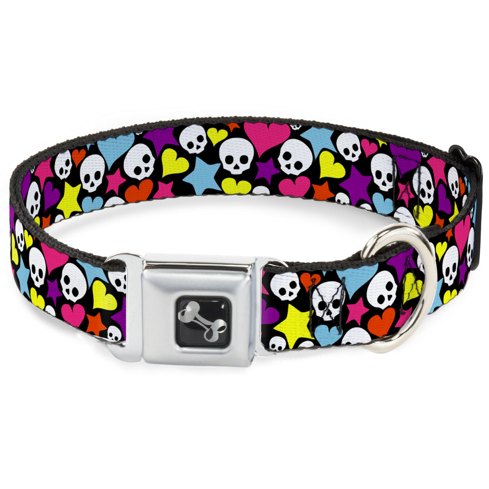Dog Bone Seatbelt Buckle Collar - Funky Skulls Hearts & Stars Black/Multi Color Seatbelt Buckle Collars Buckle-Down