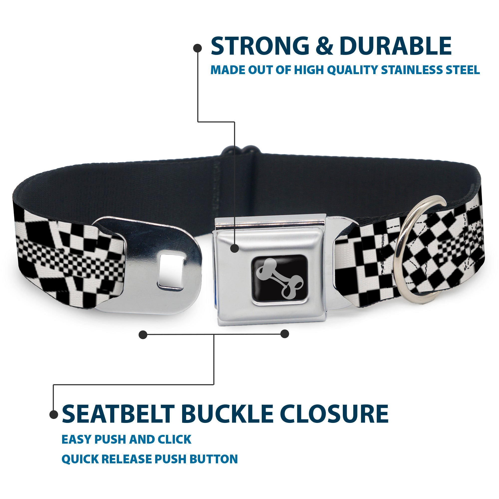Dog Bone Seatbelt Buckle Collar - Funky Checkers Black/White Seatbelt Buckle Collars Buckle-Down