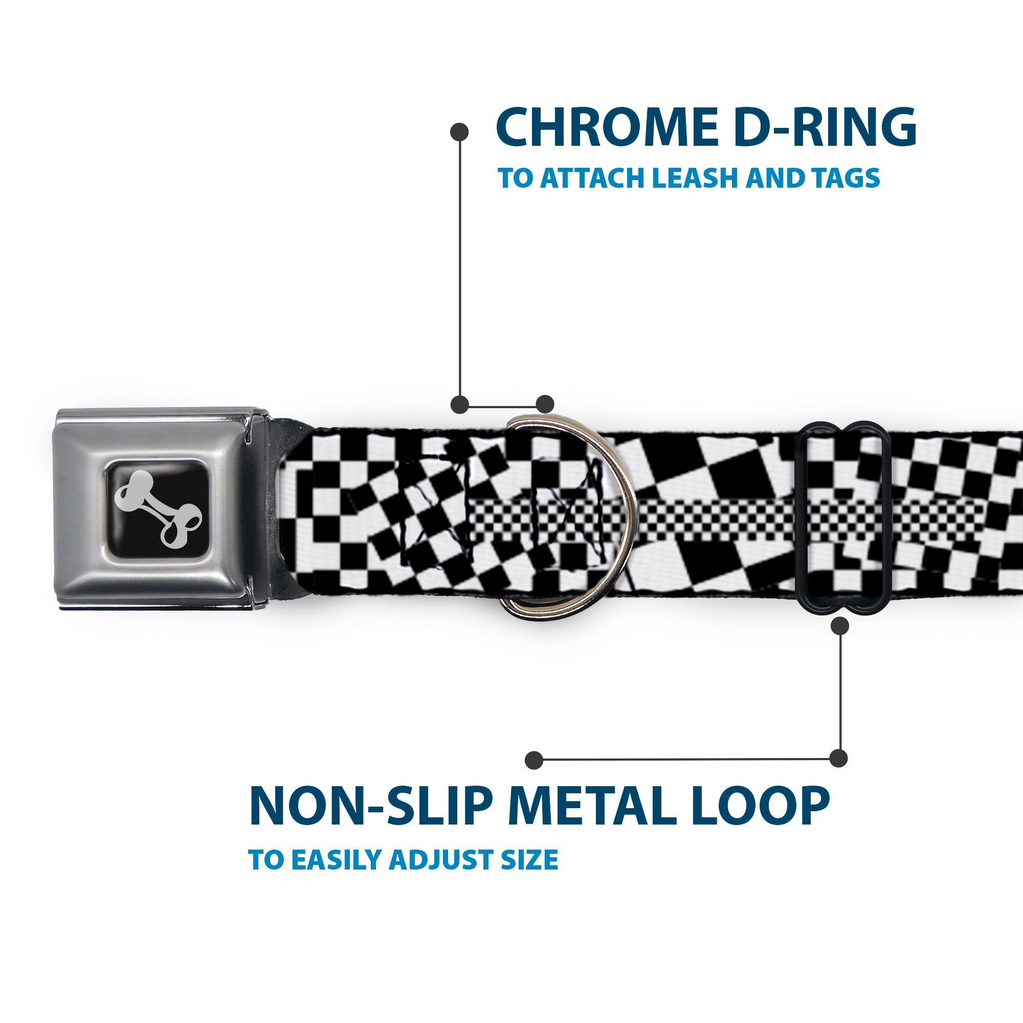 Dog Bone Seatbelt Buckle Collar - Funky Checkers Black/White Seatbelt Buckle Collars Buckle-Down