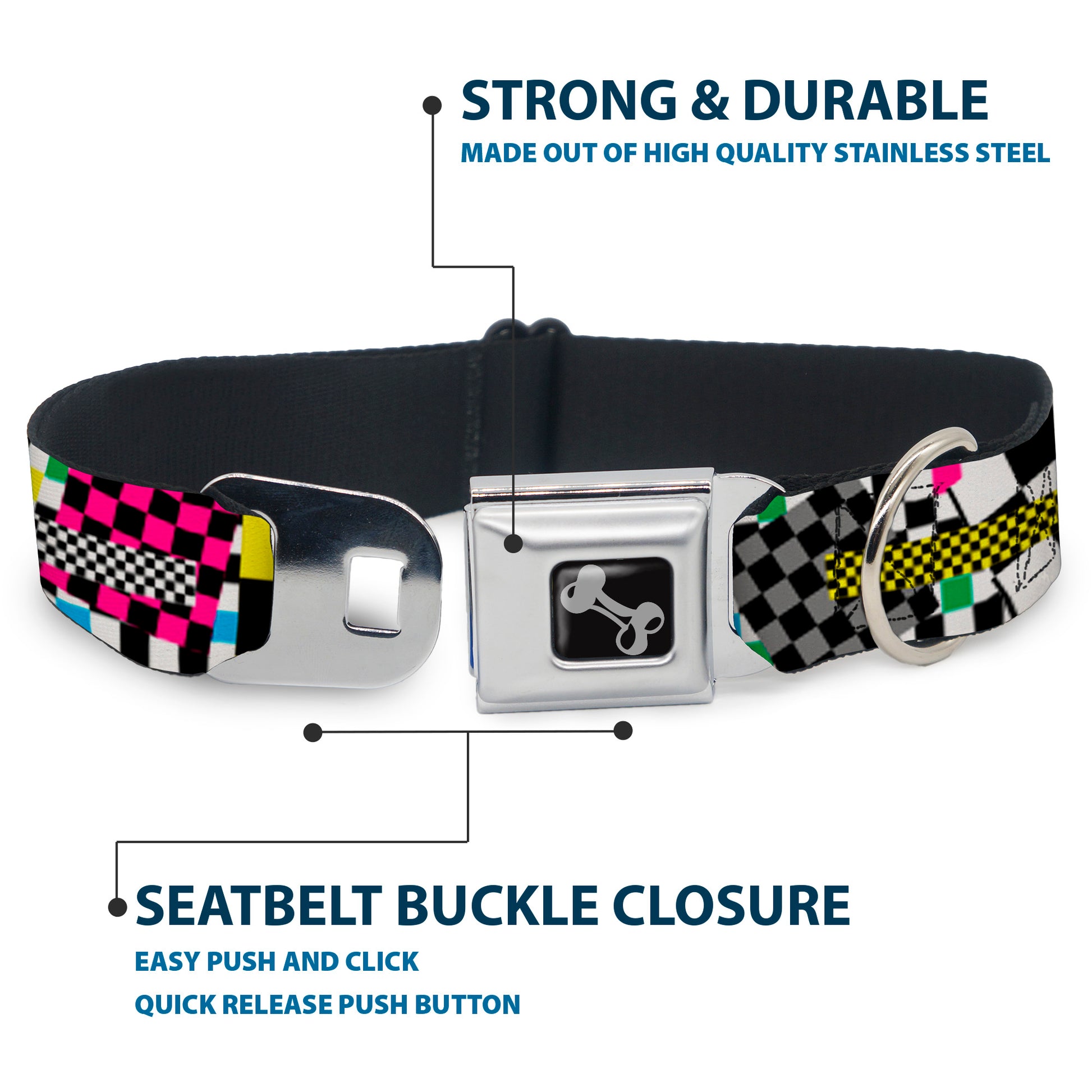Dog Bone Seatbelt Buckle Collar - Funky Checkers Black/White/Neon Seatbelt Buckle Collars Buckle-Down