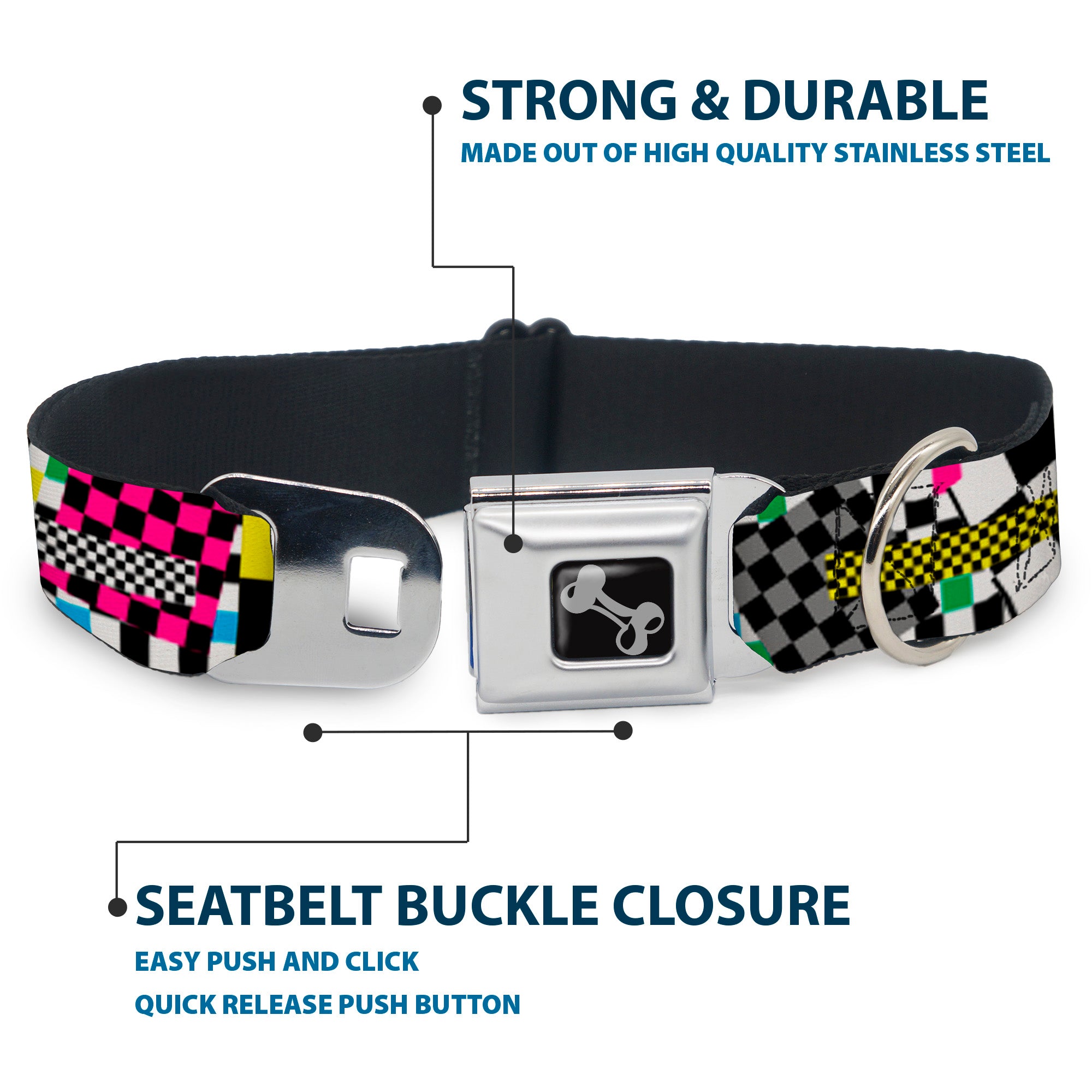 Dog Bone Seatbelt Buckle Collar - Funky Checkers Black/White/Neon Seatbelt Buckle Collars Buckle-Down