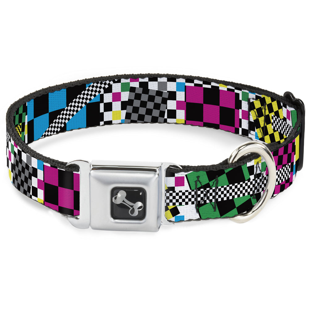 Dog Bone Seatbelt Buckle Collar - Funky Checkers Black/White/Neon Seatbelt Buckle Collars Buckle-Down