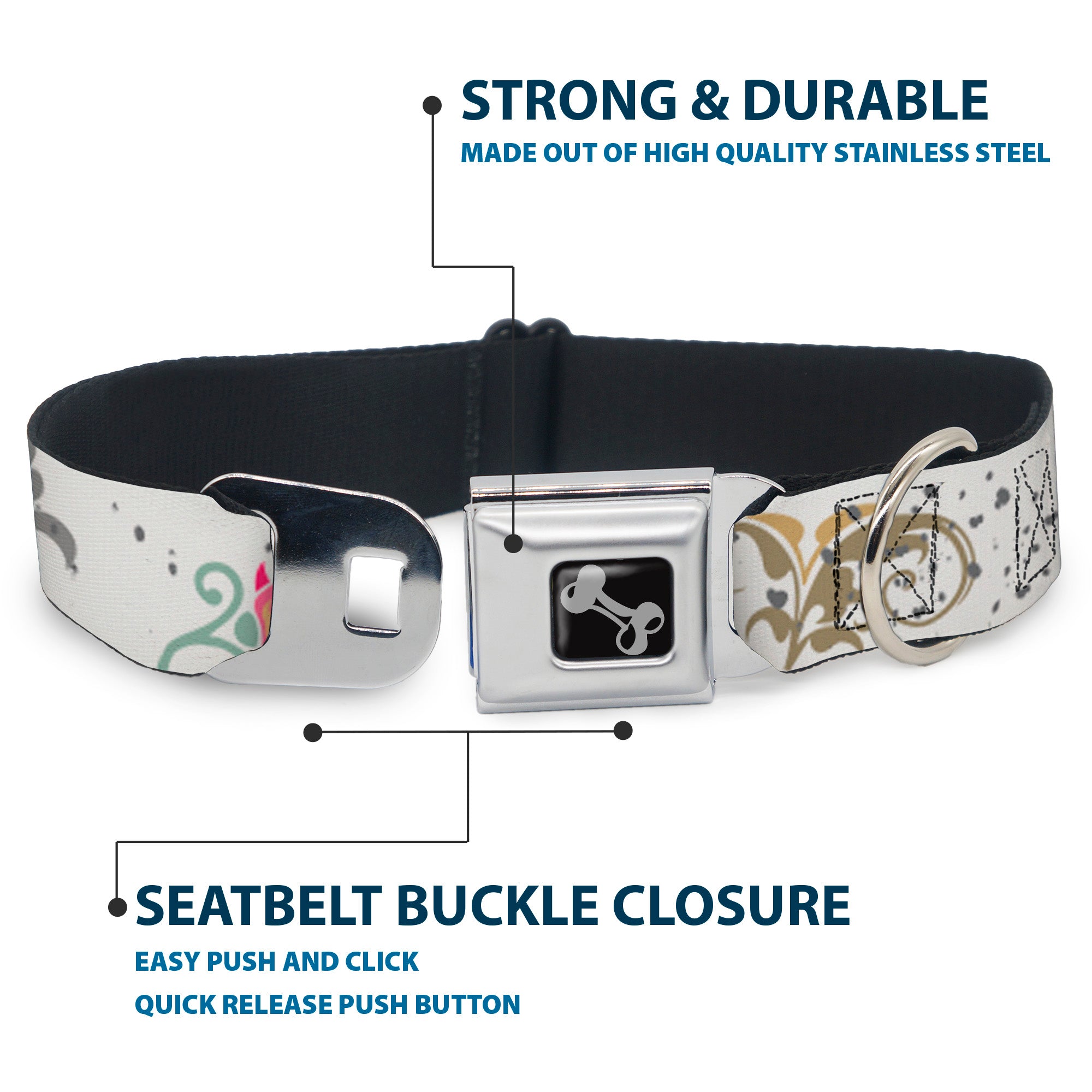 Dog Bone Seatbelt Buckle Collar - Flower Splatter White/Gray Seatbelt Buckle Collars Buckle-Down