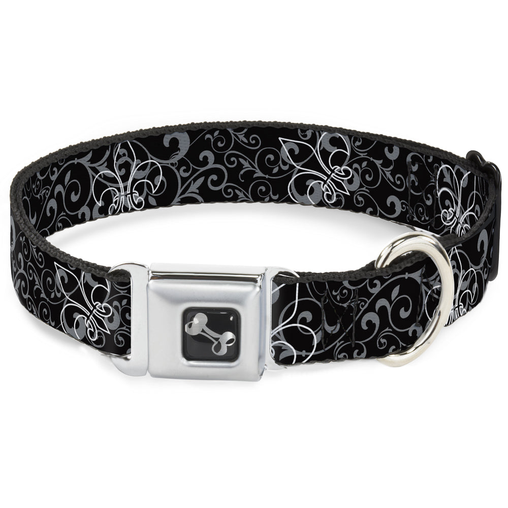 Dog Bone Seatbelt Buckle Collar - Fleur-de-Lis Outline w/Filigree Black/Gray Seatbelt Buckle Collars Buckle-Down