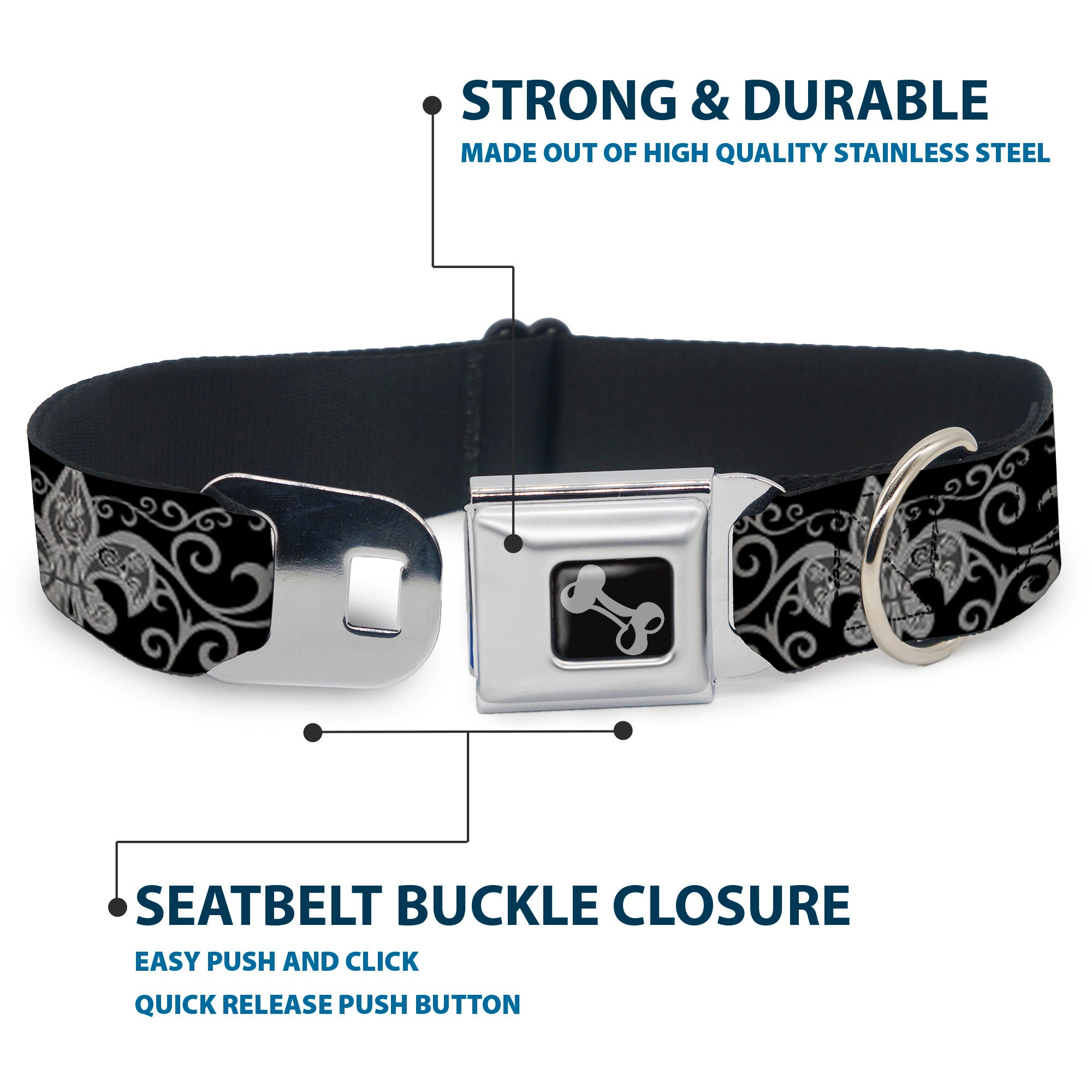Dog Bone Seatbelt Buckle Collar - Fleur-de-Lis w/Filigree Black/Gray Seatbelt Buckle Collars Buckle-Down