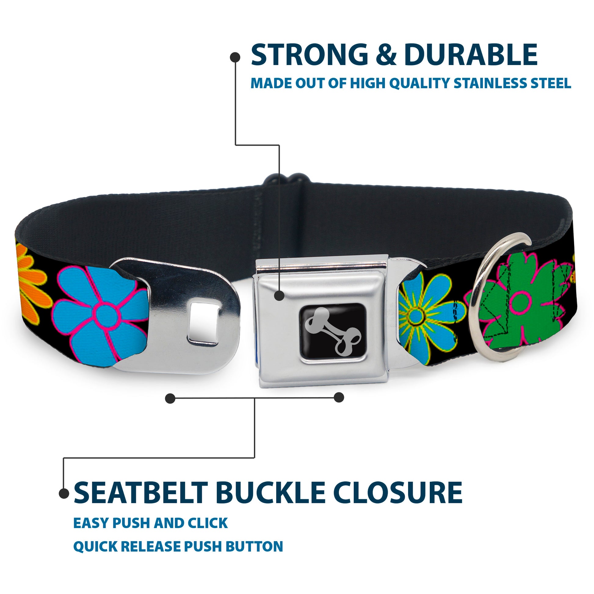 Dog Bone Seatbelt Buckle Collar - Flowers Black/Multi Color Seatbelt Buckle Collars Buckle-Down