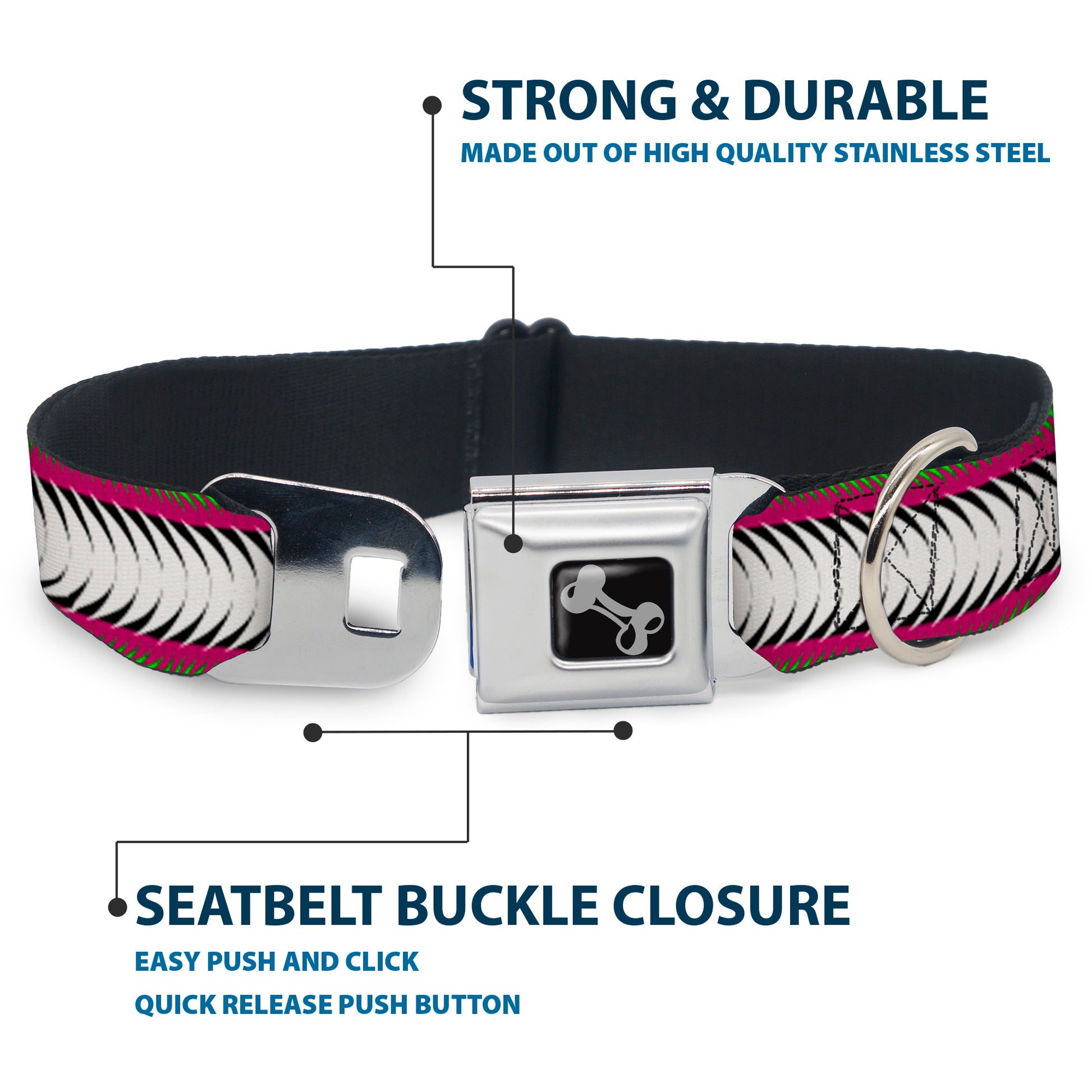 Dog Bone Seatbelt Buckle Collar - Fish Tail Fuchsia/Black/White Seatbelt Buckle Collars Buckle-Down