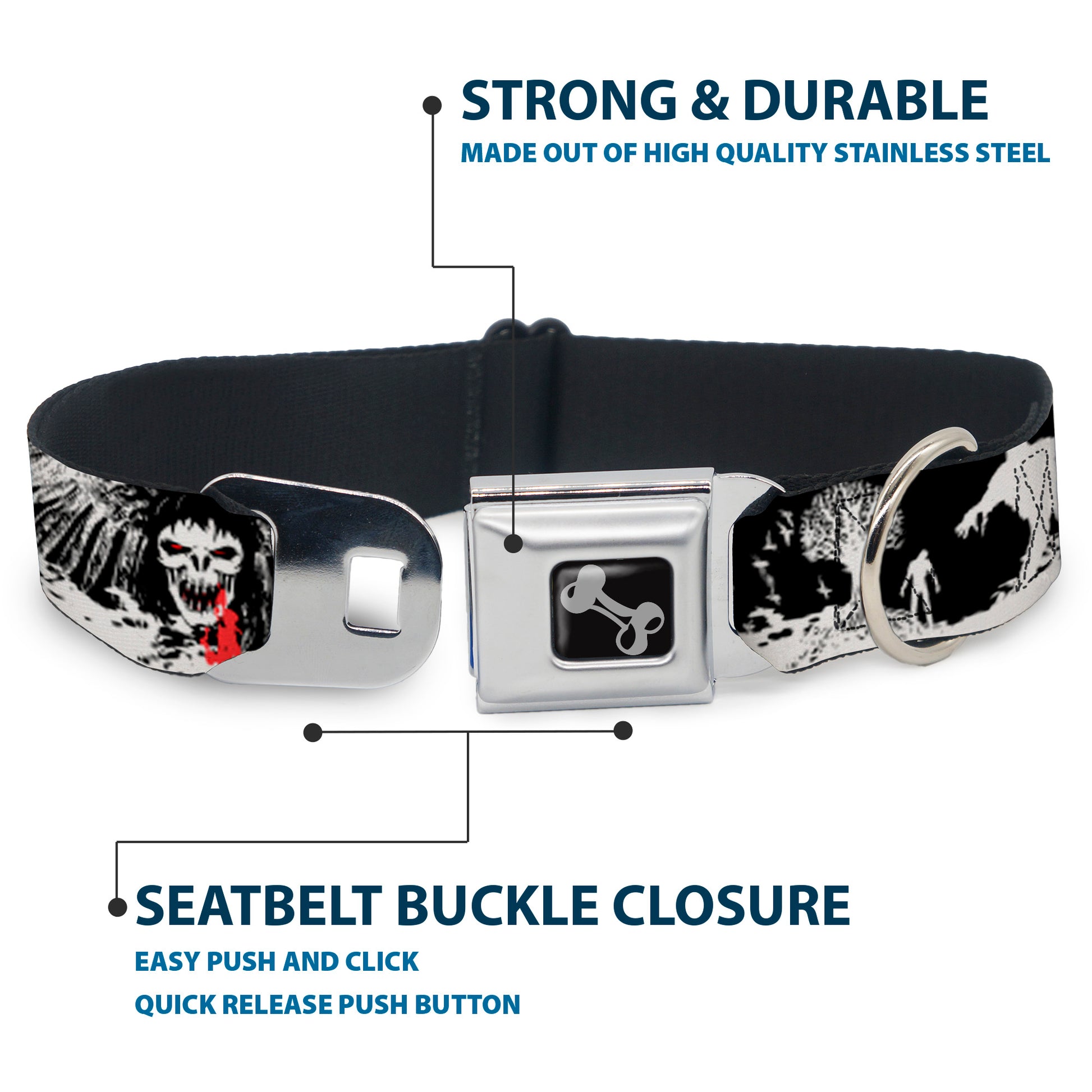 Dog Bone Seatbelt Buckle Collar - Fright Night Black/White/Red Seatbelt Buckle Collars Buckle-Down