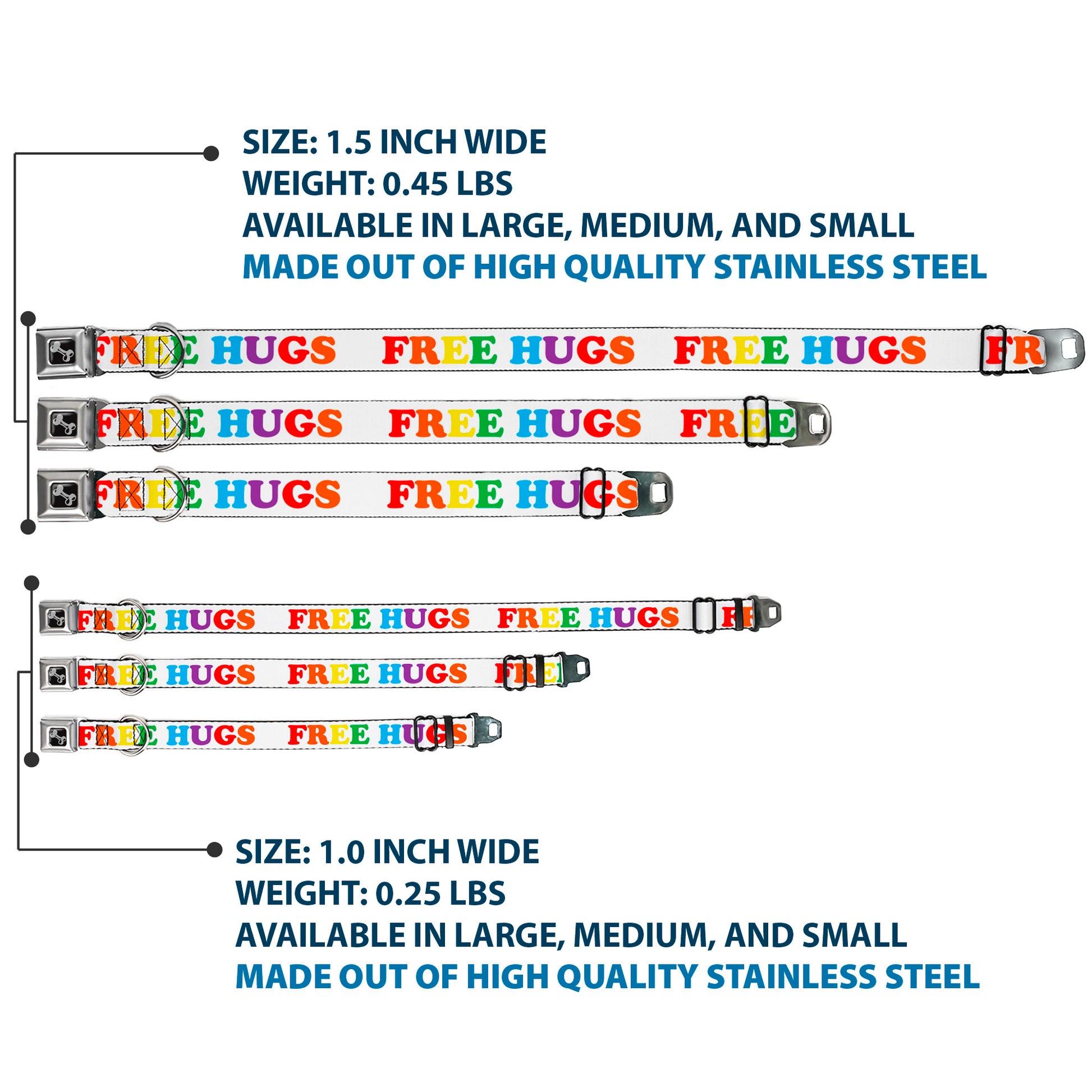 Dog Bone Seatbelt Buckle Collar - FREE HUGS White/Multi Color Seatbelt Buckle Collars Buckle-Down