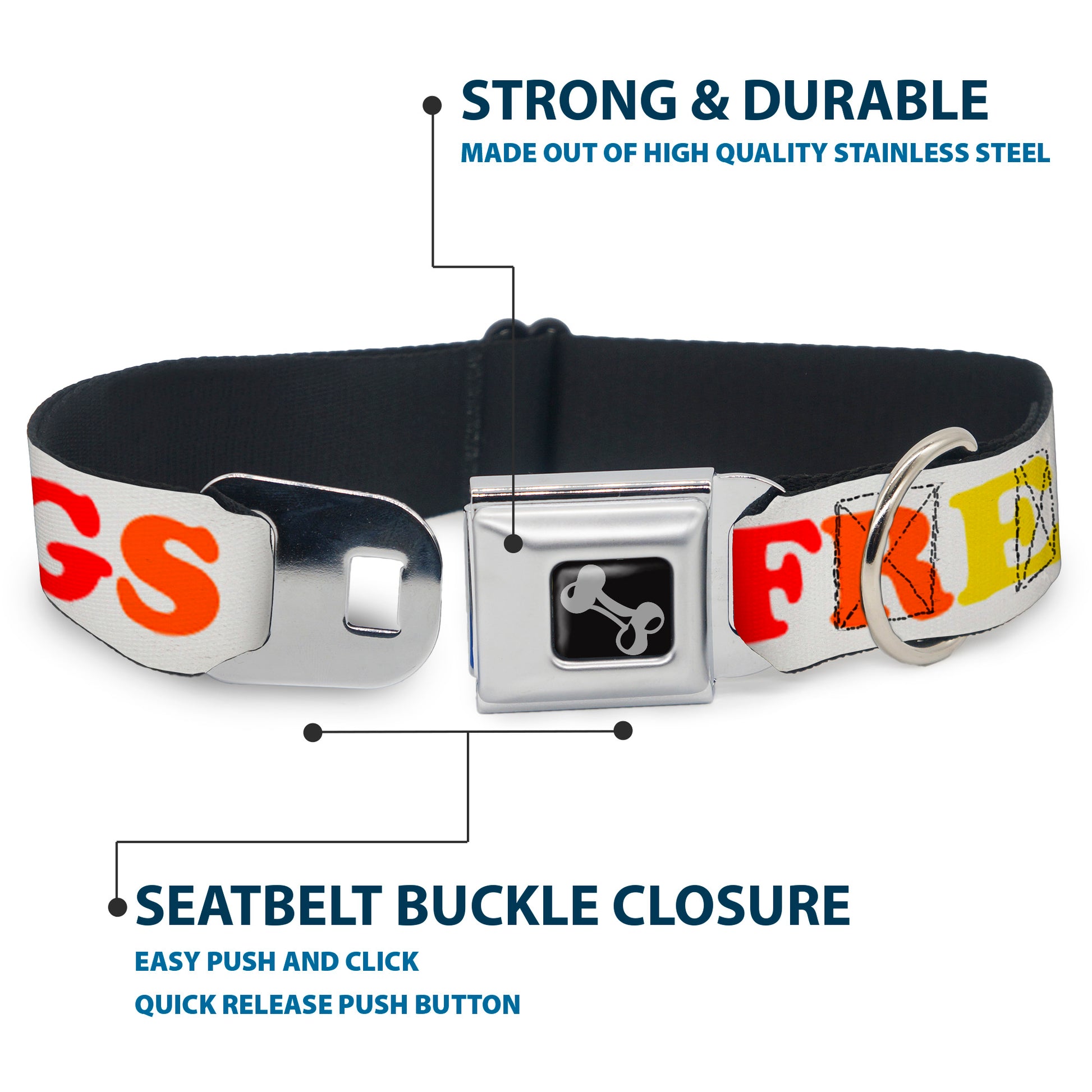 Dog Bone Seatbelt Buckle Collar - FREE HUGS White/Multi Color Seatbelt Buckle Collars Buckle-Down