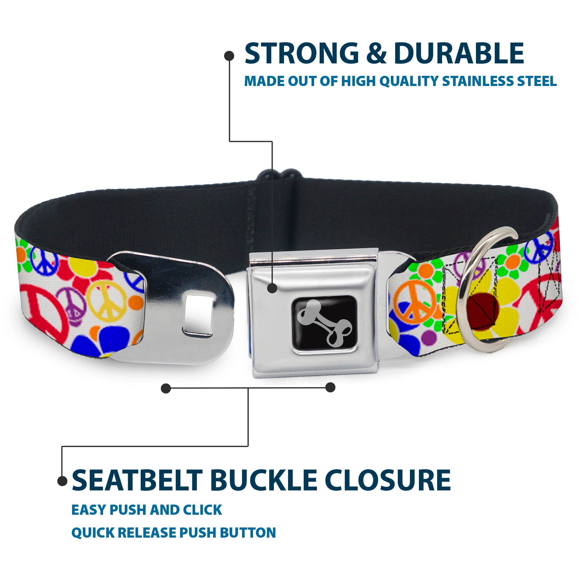 Dog Bone Seatbelt Buckle Collar - Flower Peace Power Seatbelt Buckle Collars Buckle-Down