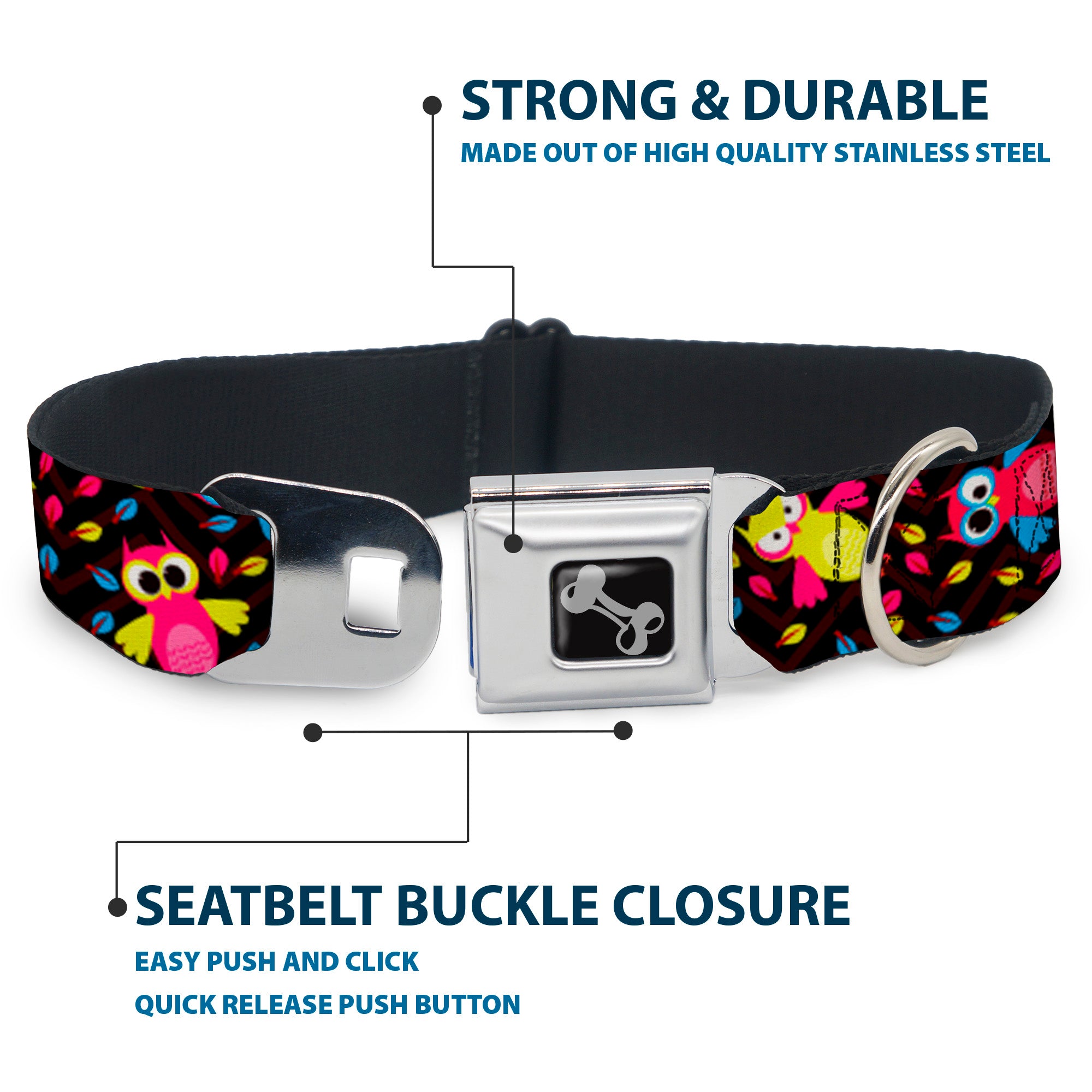 Dog Bone Seatbelt Buckle Collar - Flying Owls w/Leaves Black/Multi Color Seatbelt Buckle Collars Buckle-Down