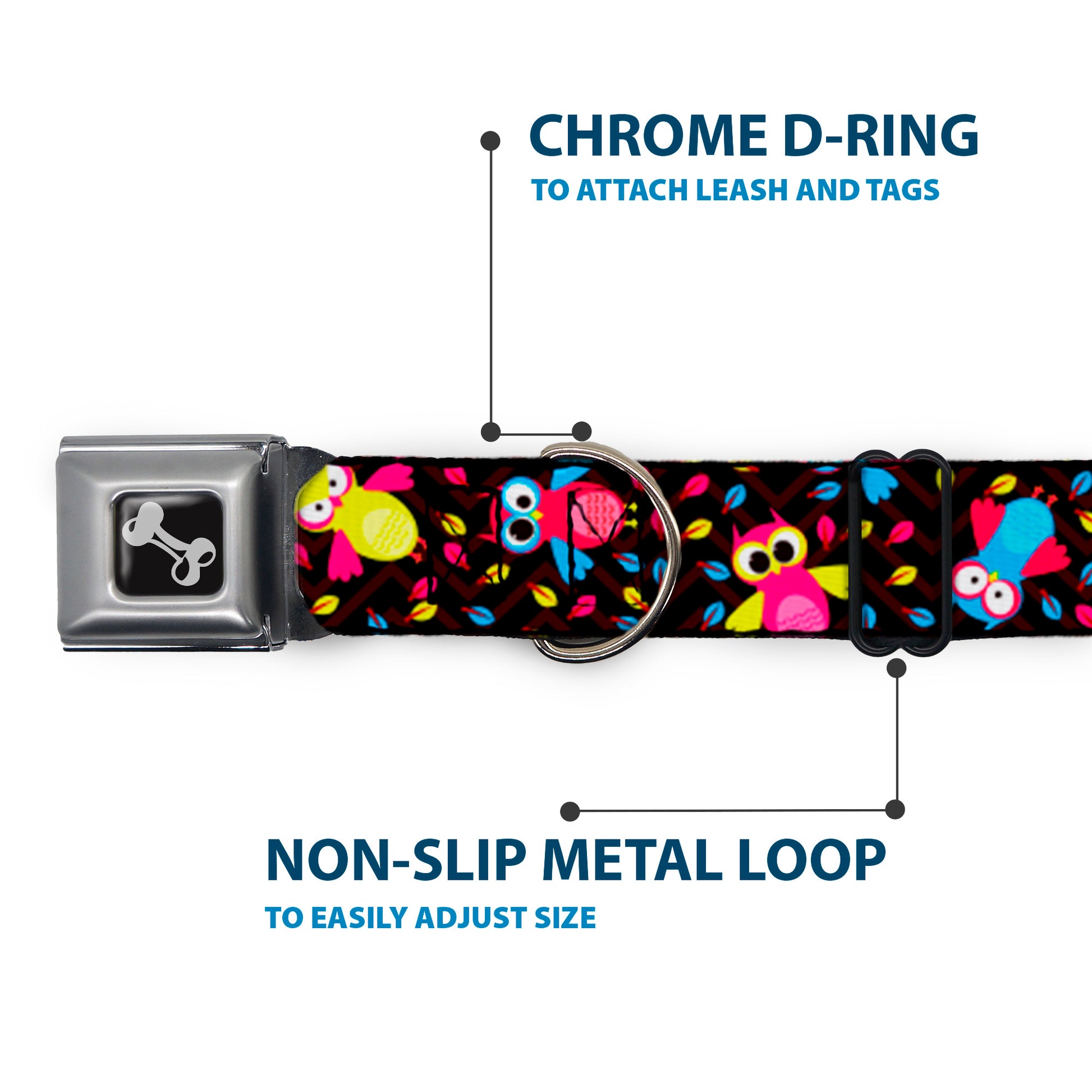 Dog Bone Seatbelt Buckle Collar - Flying Owls w/Leaves Black/Multi Color Seatbelt Buckle Collars Buckle-Down