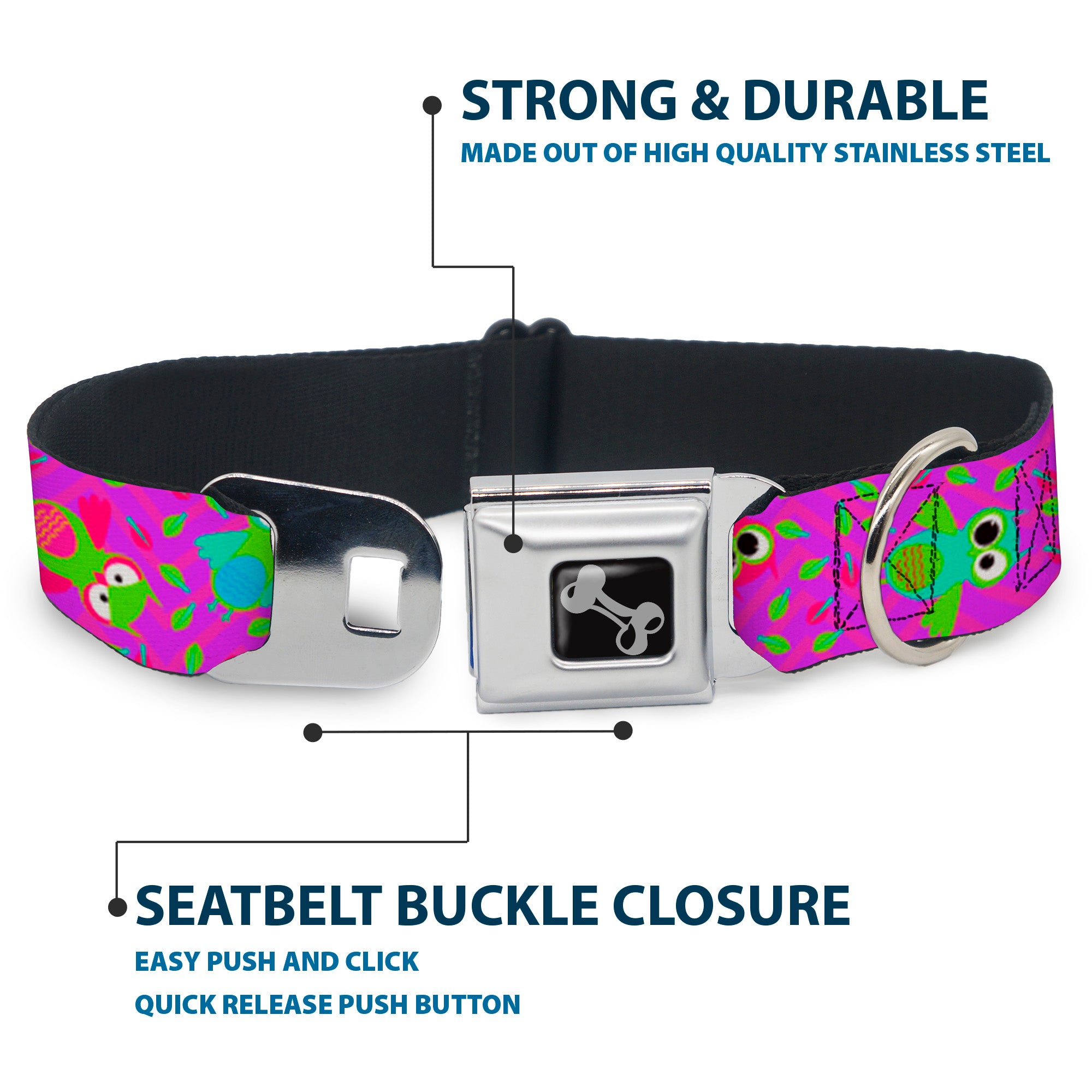 Dog Bone Seatbelt Buckle Collar - Flying Owls w/Leaves Purple/Multi Color Seatbelt Buckle Collars Buckle-Down