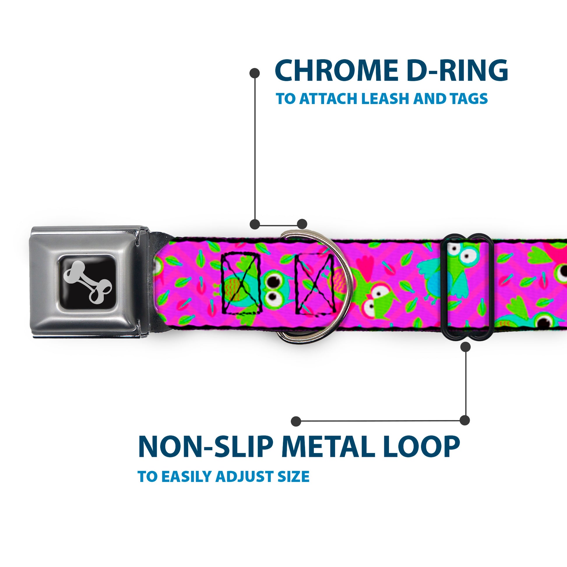 Dog Bone Seatbelt Buckle Collar - Flying Owls w/Leaves Purple/Multi Color Seatbelt Buckle Collars Buckle-Down