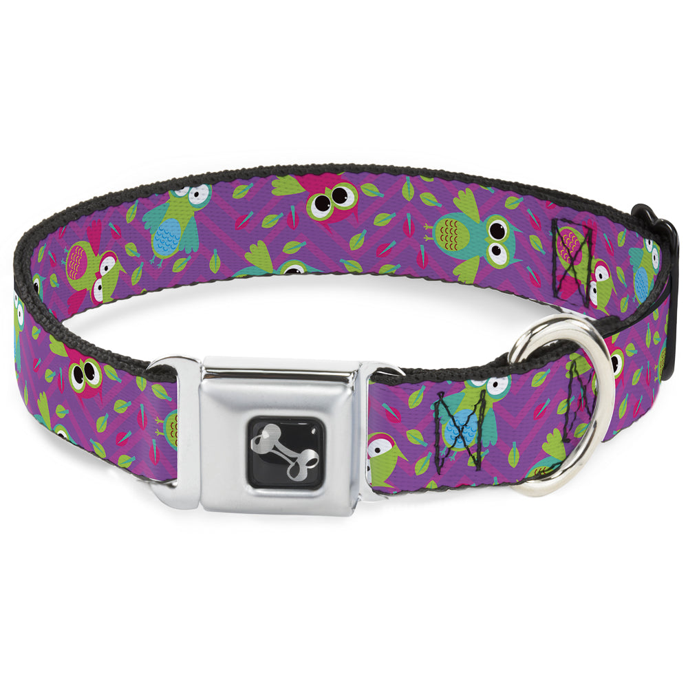 Dog Bone Seatbelt Buckle Collar - Flying Owls w/Leaves Purple/Multi Color Seatbelt Buckle Collars Buckle-Down