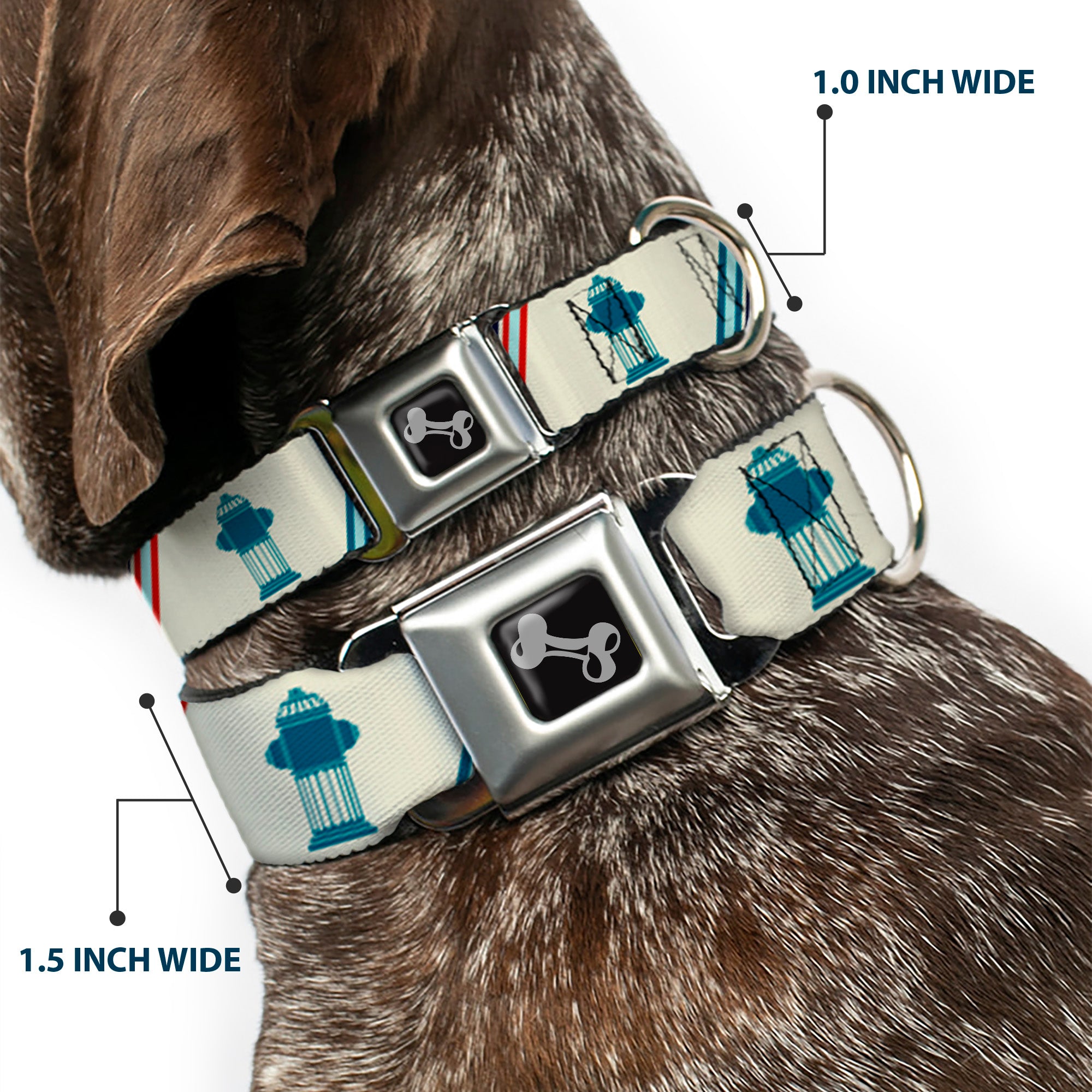 Dog Bone Seatbelt Buckle Collar - Fire Hydrants/Stripes Tan/Blues/Reds Seatbelt Buckle Collars Buckle-Down