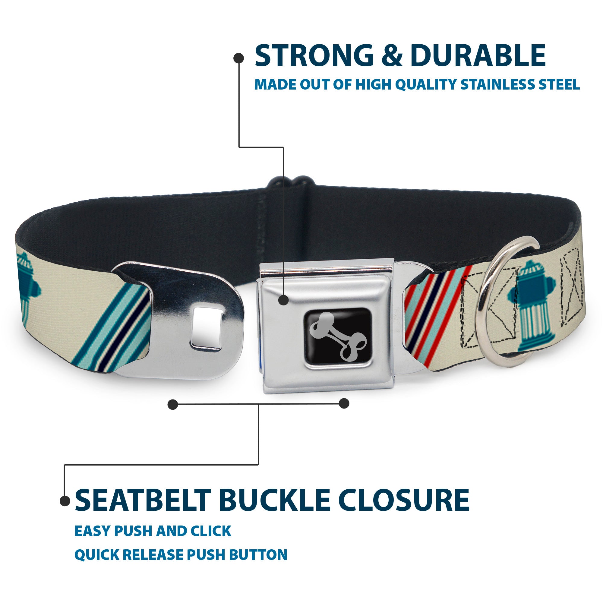 Dog Bone Seatbelt Buckle Collar - Fire Hydrants/Stripes Tan/Blues/Reds Seatbelt Buckle Collars Buckle-Down