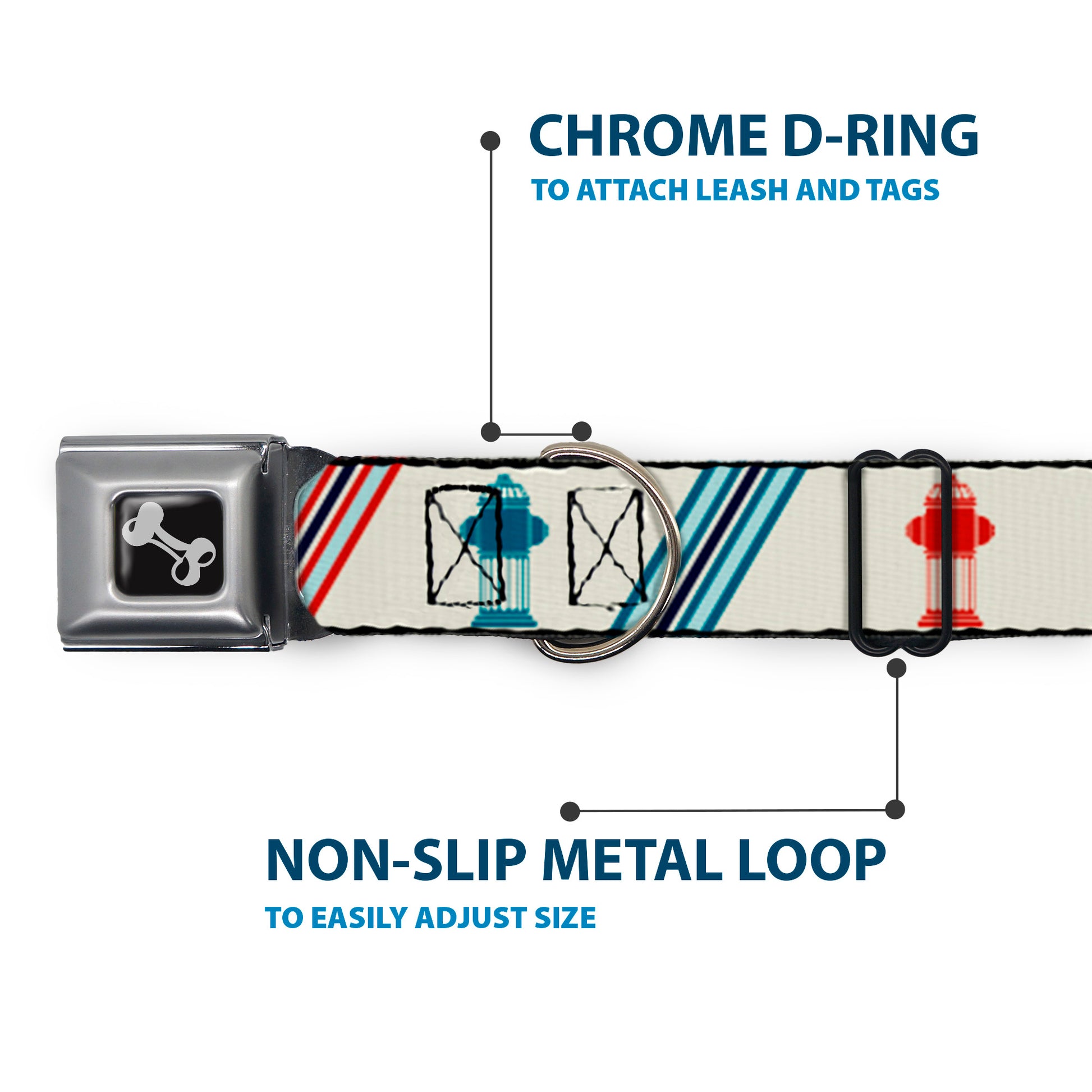 Dog Bone Seatbelt Buckle Collar - Fire Hydrants/Stripes Tan/Blues/Reds Seatbelt Buckle Collars Buckle-Down