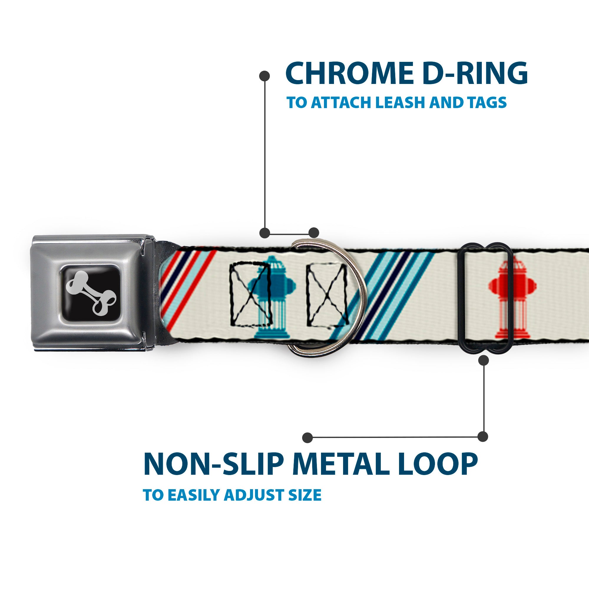 Dog Bone Seatbelt Buckle Collar - Fire Hydrants/Stripes Tan/Blues/Reds Seatbelt Buckle Collars Buckle-Down