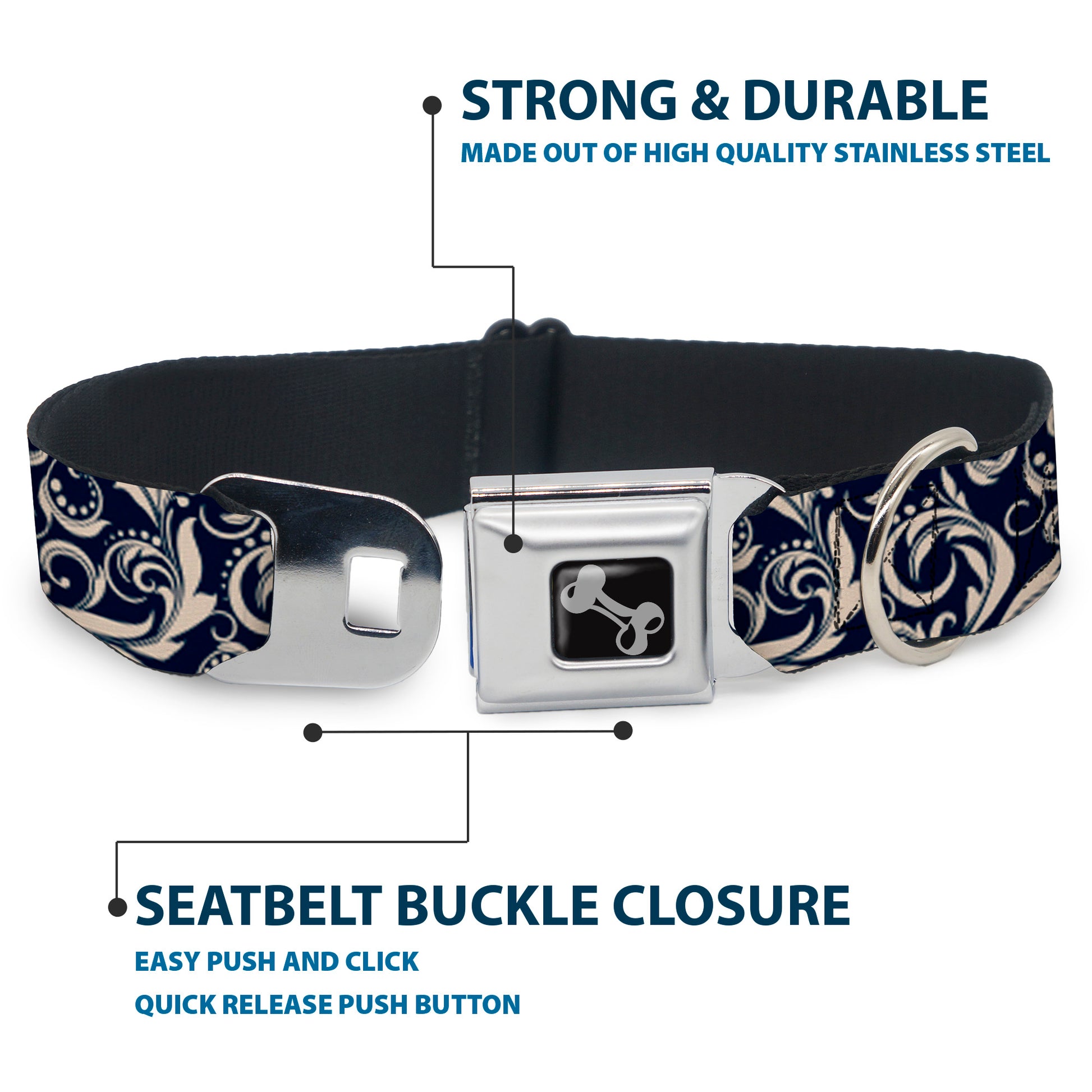 Dog Bone Seatbelt Buckle Collar - Filigree Navy/Khaki Seatbelt Buckle Collars Buckle-Down
