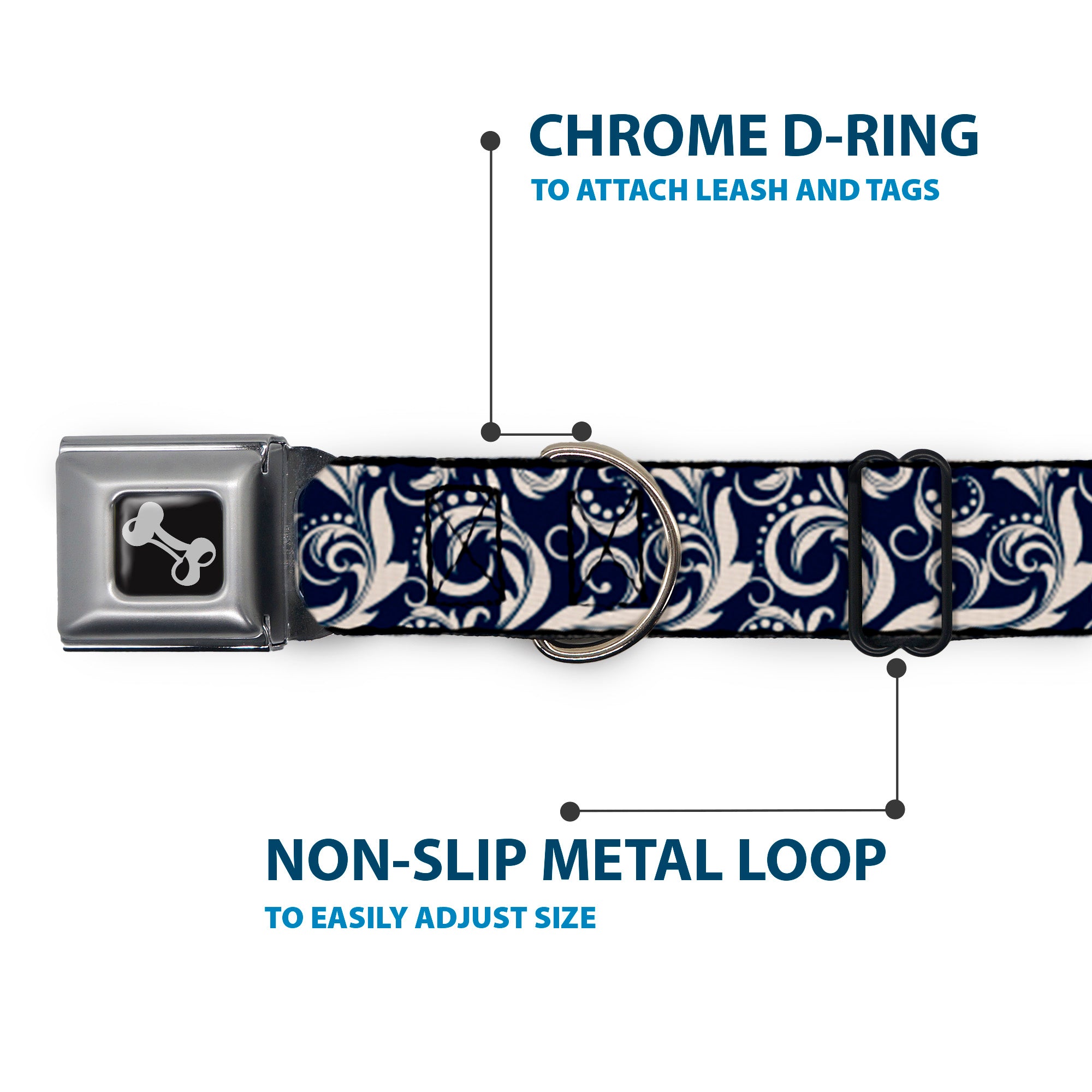 Dog Bone Seatbelt Buckle Collar - Filigree Navy/Khaki Seatbelt Buckle Collars Buckle-Down