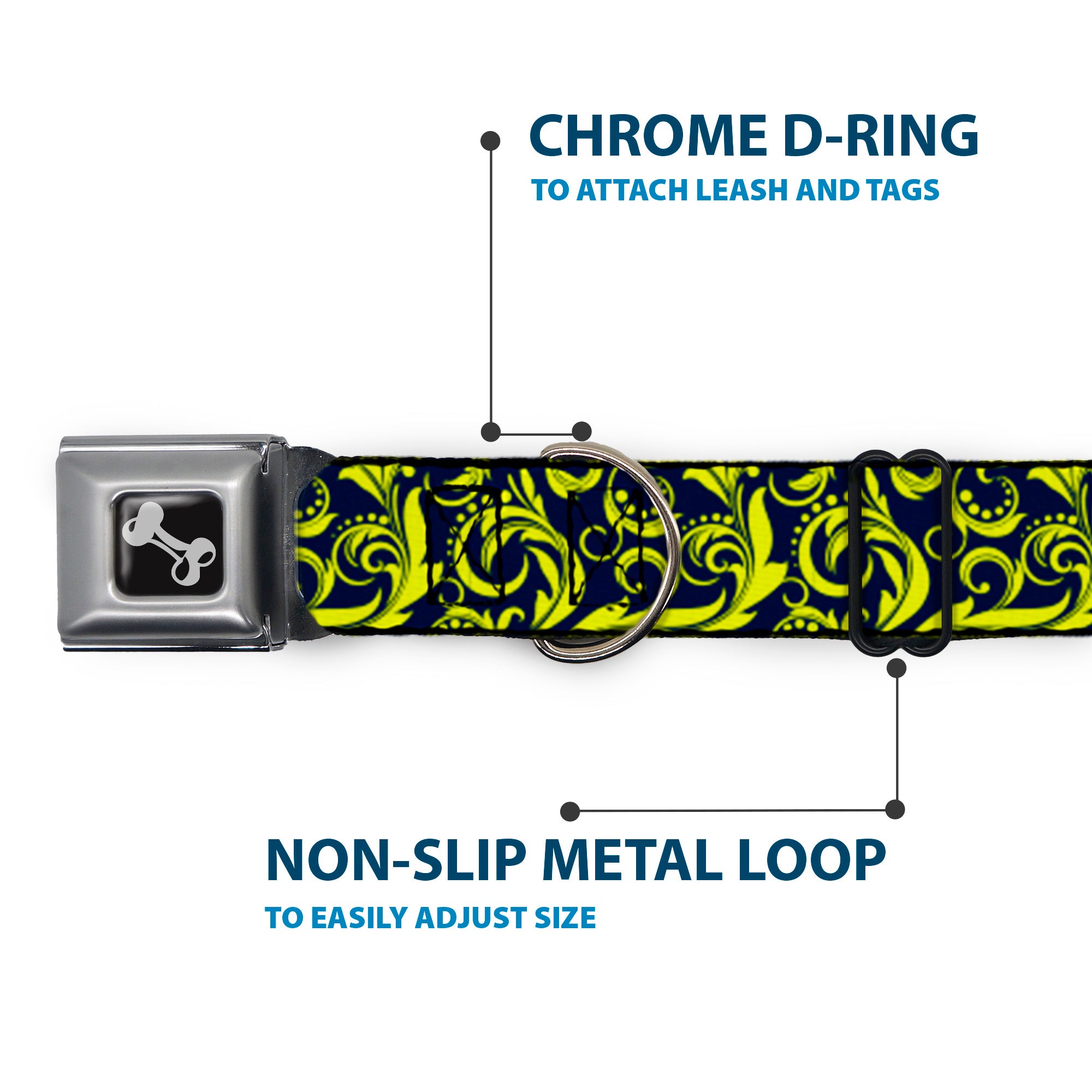 Dog Bone Seatbelt Buckle Collar - Filigree Navy/Yellow Seatbelt Buckle Collars Buckle-Down