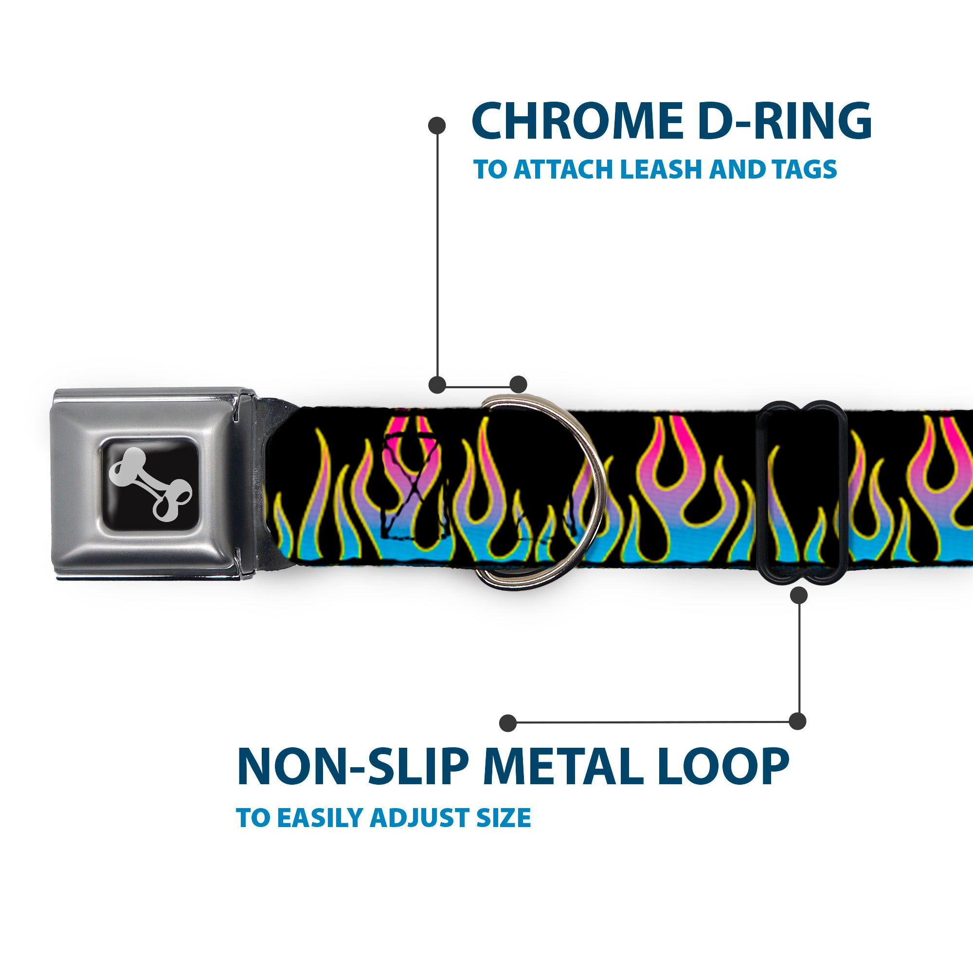 Dog Bone Seatbelt Buckle Collar - Flames Black/Blue/Pink Seatbelt Buckle Collars Buckle-Down