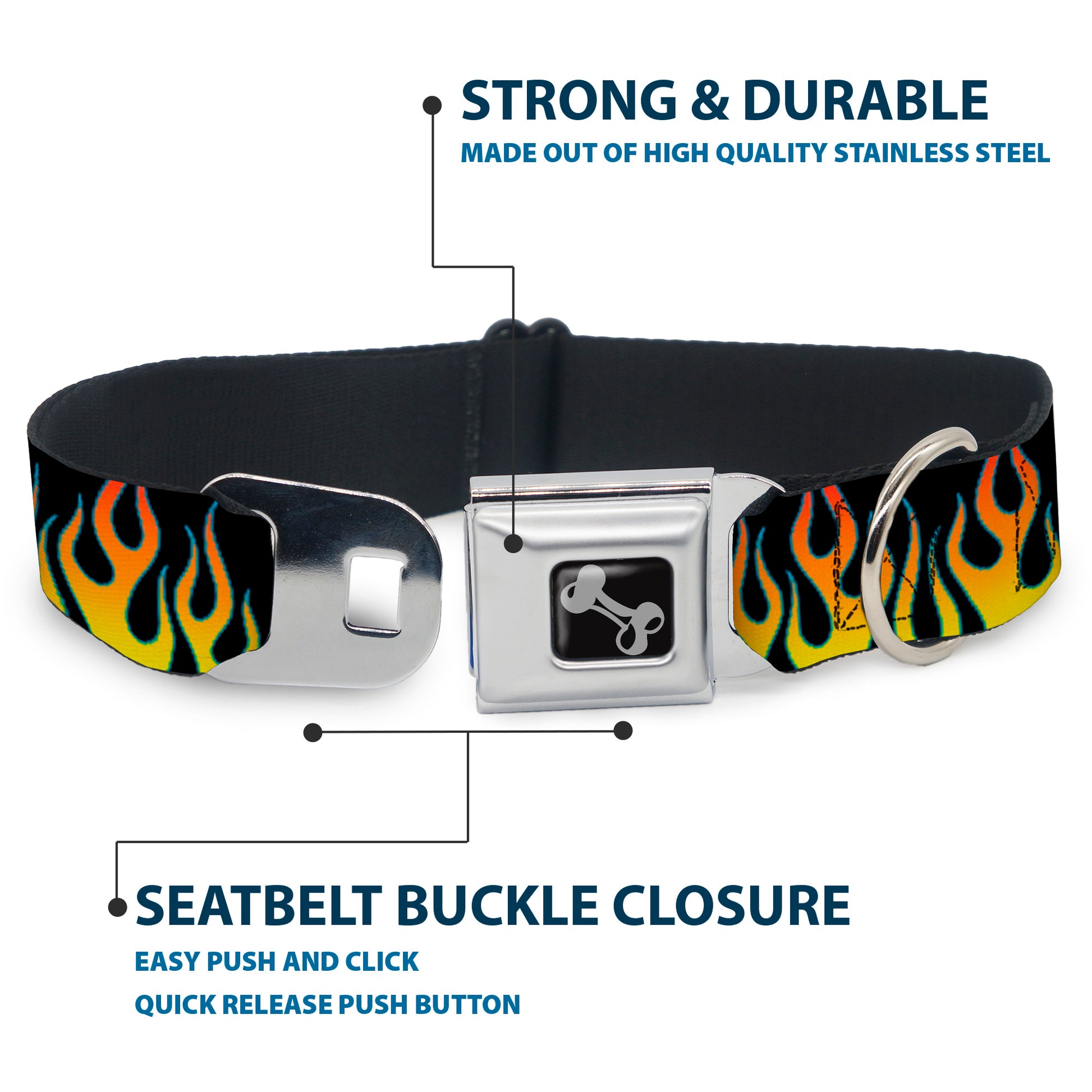 Dog Bone Seatbelt Buckle Collar - Flames Black/Yellow/Orange Seatbelt Buckle Collars Buckle-Down