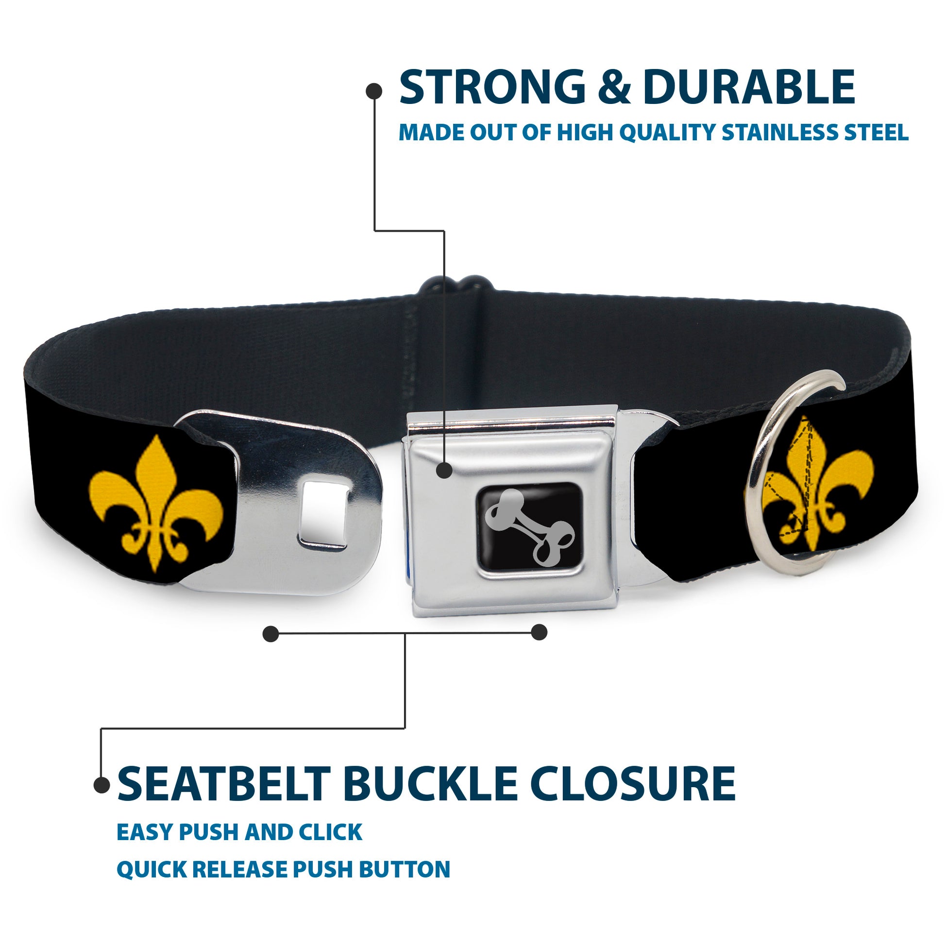 Dog Bone Seatbelt Buckle Collar - Fleur-de-Lis Black/Yellow Seatbelt Buckle Collars Buckle-Down