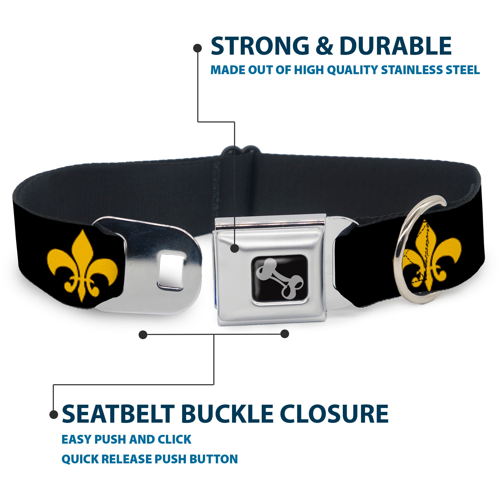 Dog Bone Seatbelt Buckle Collar - Fleur-de-Lis Black/Yellow Seatbelt Buckle Collars Buckle-Down