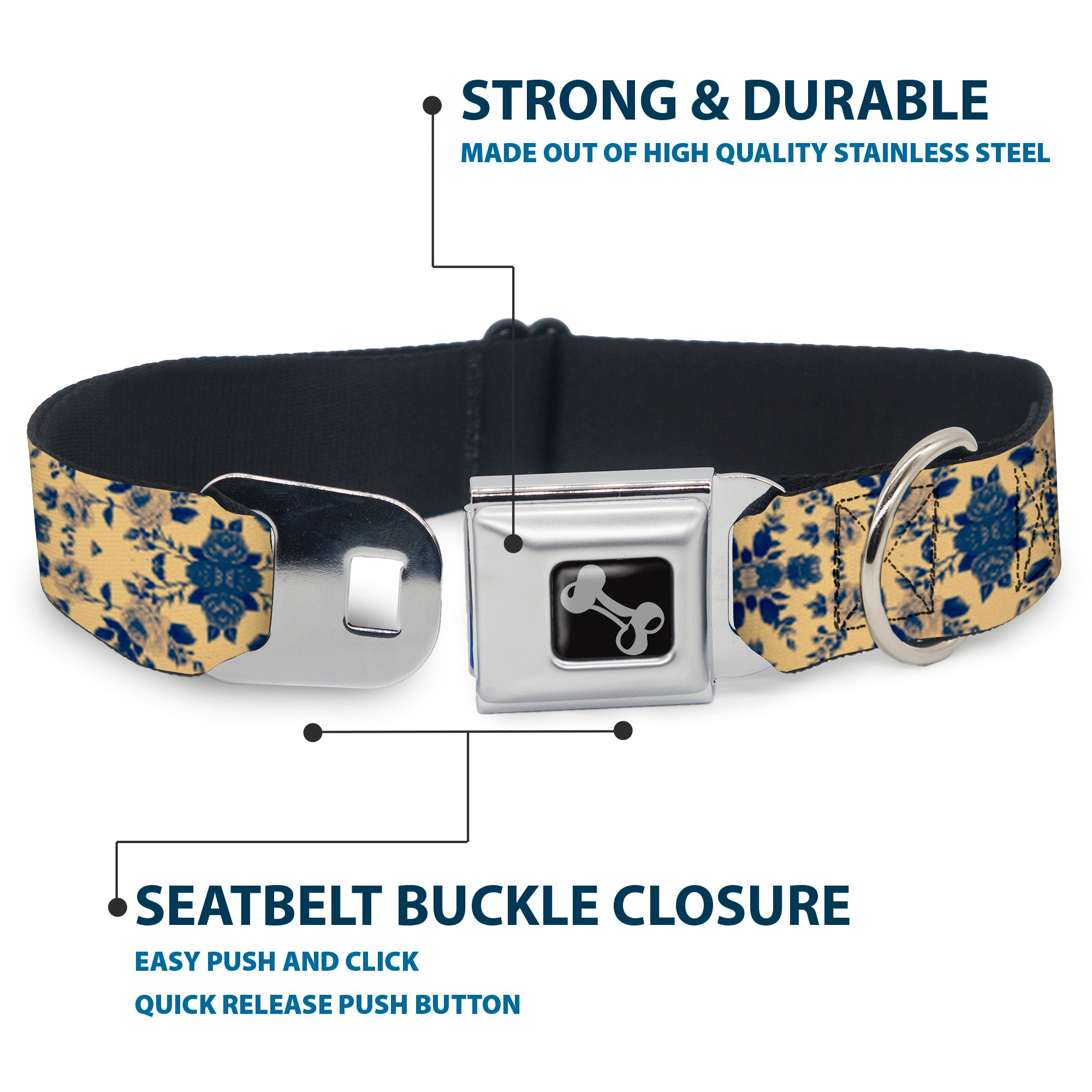 Dog Bone Seatbelt Buckle Collar - Floral Collage Tan/Blue Seatbelt Buckle Collars Buckle-Down