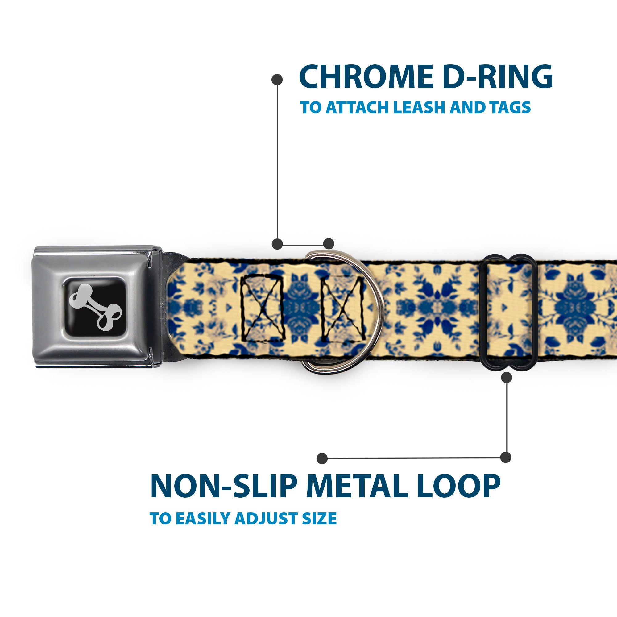 Dog Bone Seatbelt Buckle Collar - Floral Collage Tan/Blue Seatbelt Buckle Collars Buckle-Down