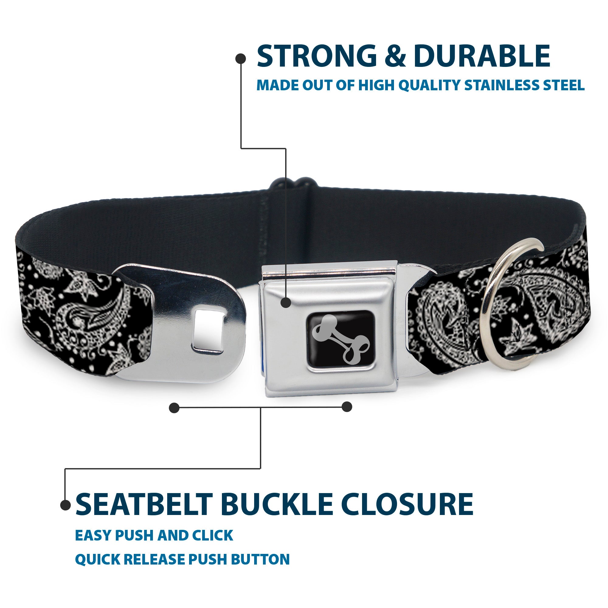 Dog Bone Seatbelt Buckle Collar - Floral Paisley Black/White Seatbelt Buckle Collars Buckle-Down