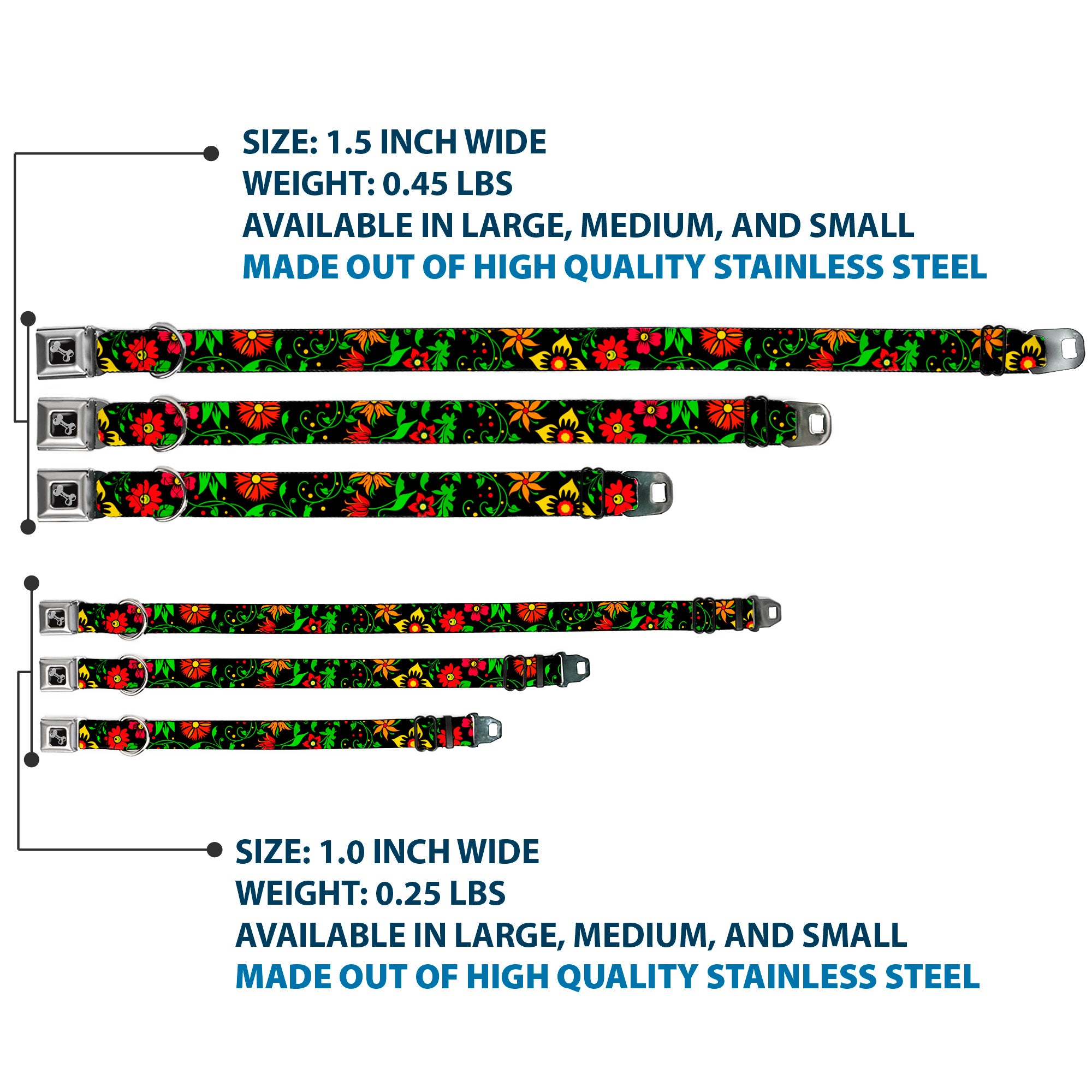 Dog Bone Seatbelt Buckle Collar - Floral Collage2 Black/Red/Orange/Green Seatbelt Buckle Collars Buckle-Down