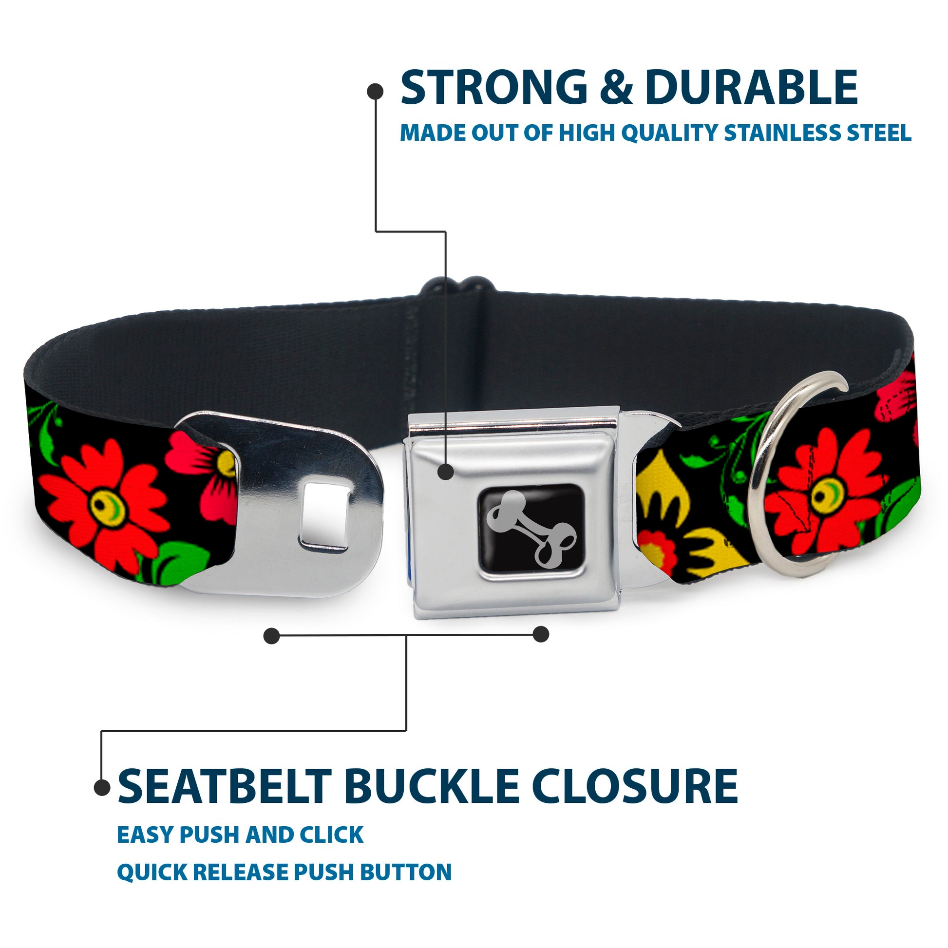 Dog Bone Seatbelt Buckle Collar - Floral Collage2 Black/Red/Orange/Green Seatbelt Buckle Collars Buckle-Down