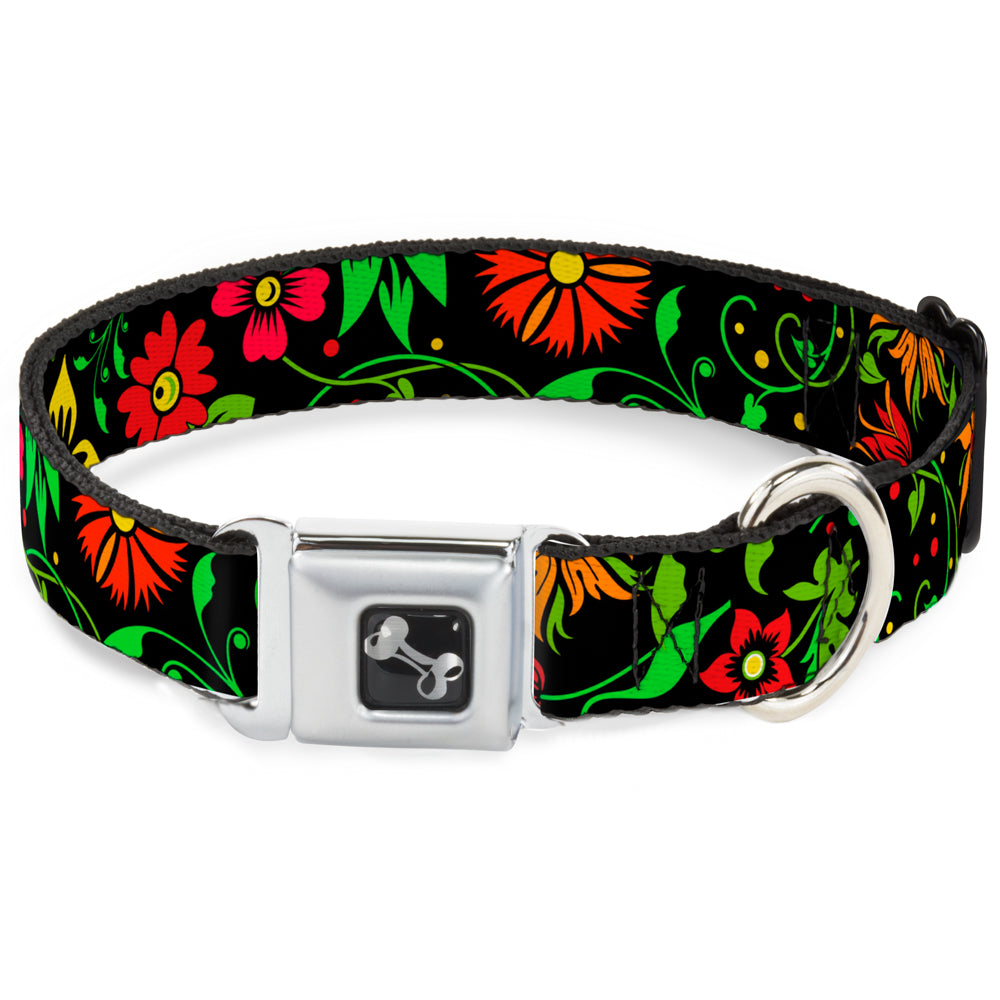 Dog Bone Seatbelt Buckle Collar - Floral Collage2 Black/Red/Orange/Green Seatbelt Buckle Collars Buckle-Down