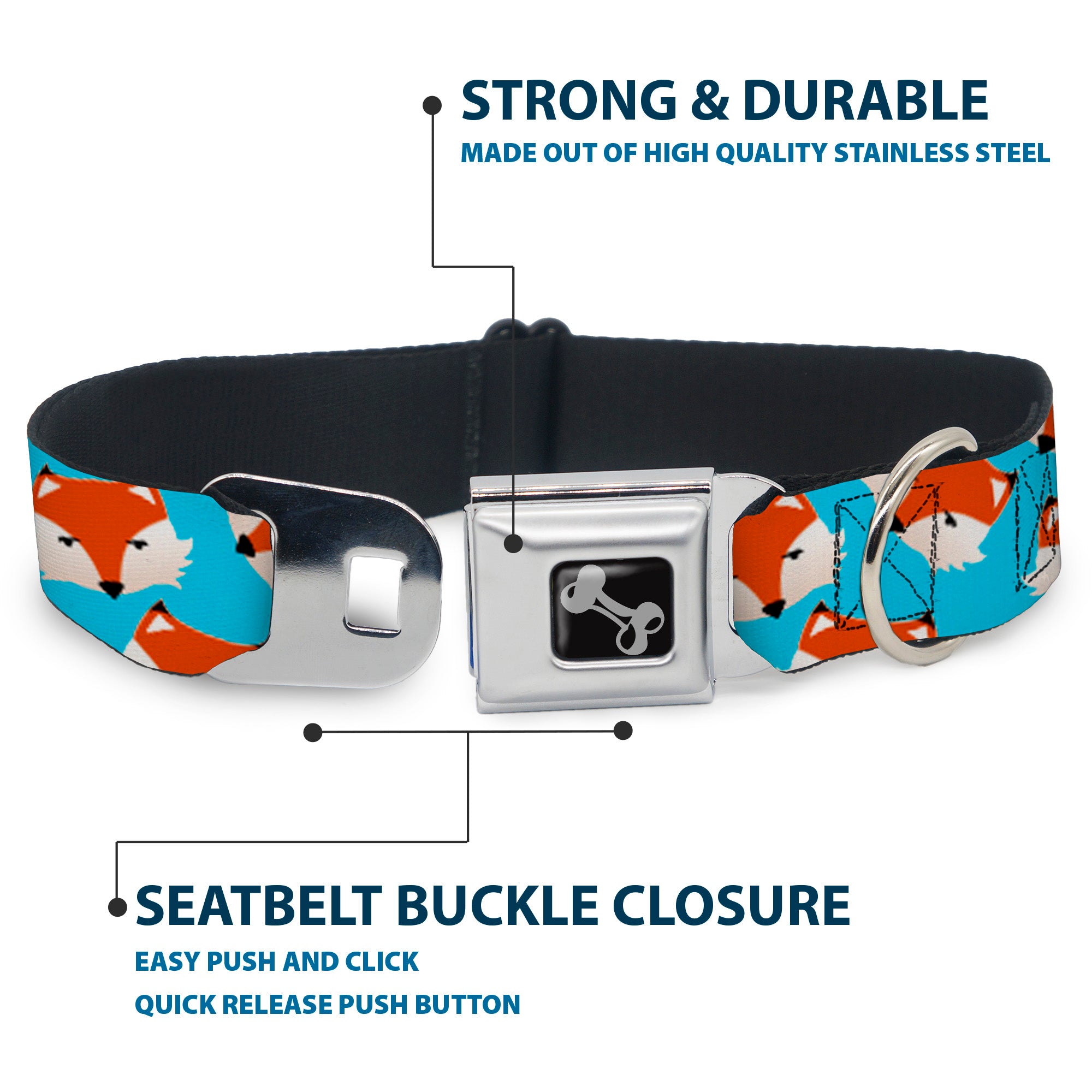 Dog Bone Seatbelt Buckle Collar - Fox Face Scattered Sky Blue Seatbelt Buckle Collars Buckle-Down