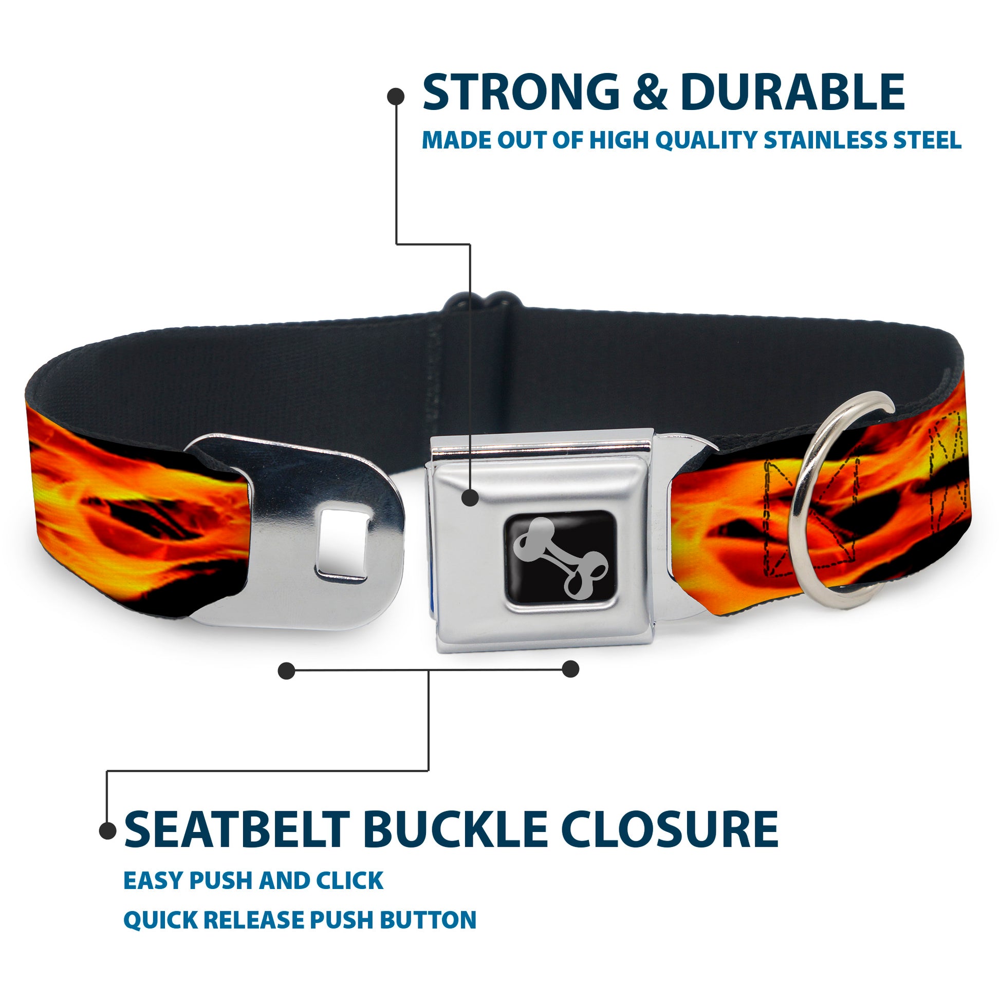 Dog Bone Seatbelt Buckle Collar - Flames Vivid Black/Orange Seatbelt Buckle Collars Buckle-Down