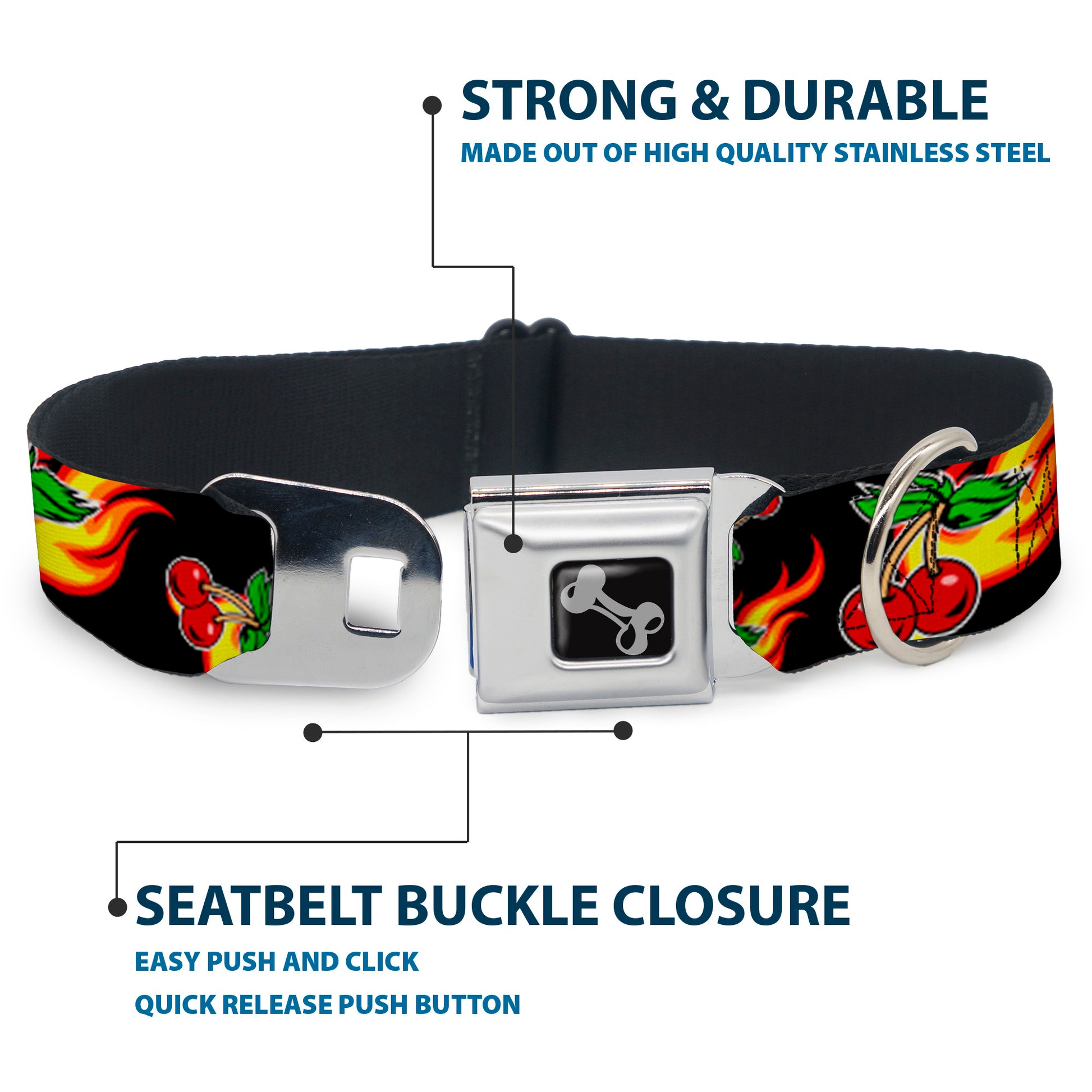 Dog Bone Seatbelt Buckle Collar - Flaming Cherries Scattered Black Seatbelt Buckle Collars Buckle-Down
