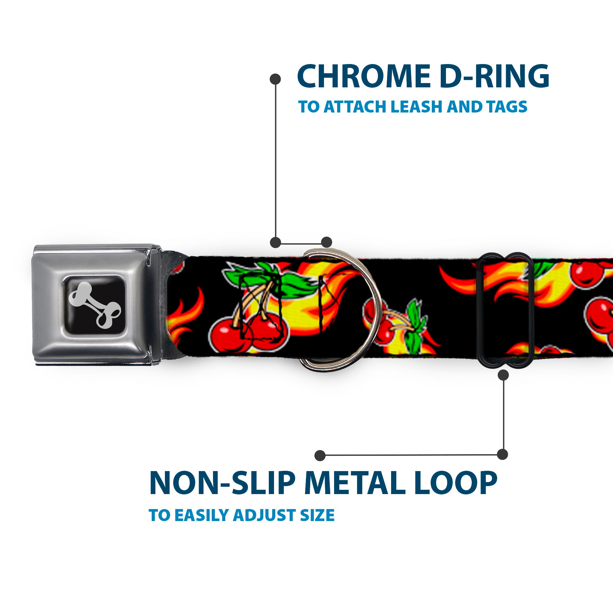 Dog Bone Seatbelt Buckle Collar - Flaming Cherries Scattered Black Seatbelt Buckle Collars Buckle-Down