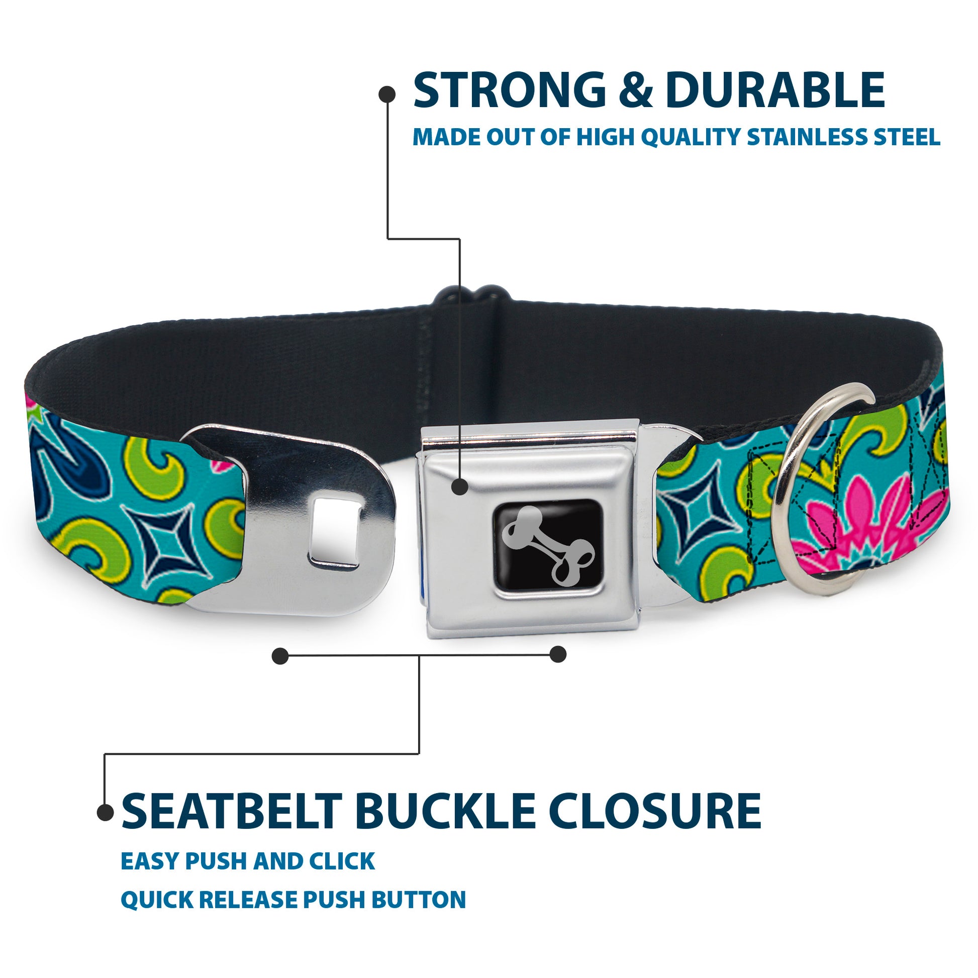 Dog Bone Seatbelt Buckle Collar - Floral Burst Turquoise/Blues/Pinks/Yellow/Green Seatbelt Buckle Collars Buckle-Down
