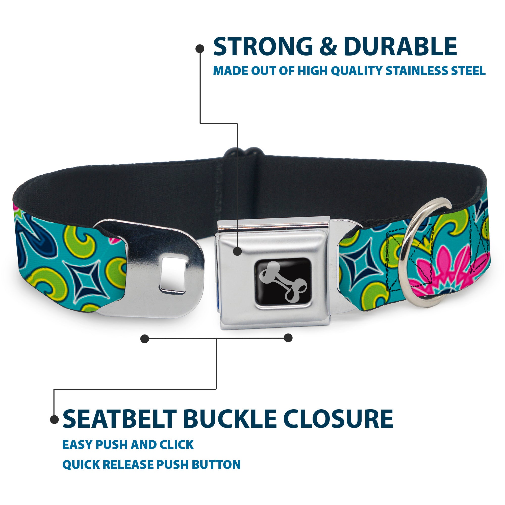 Dog Bone Seatbelt Buckle Collar - Floral Burst Turquoise/Blues/Pinks/Yellow/Green Seatbelt Buckle Collars Buckle-Down