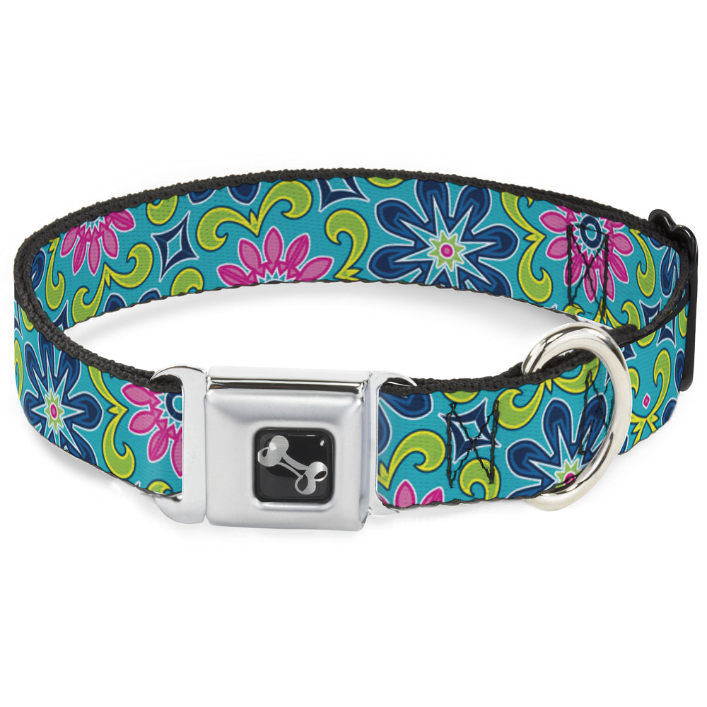 Dog Bone Seatbelt Buckle Collar - Floral Burst Turquoise/Blues/Pinks/Yellow/Green Seatbelt Buckle Collars Buckle-Down