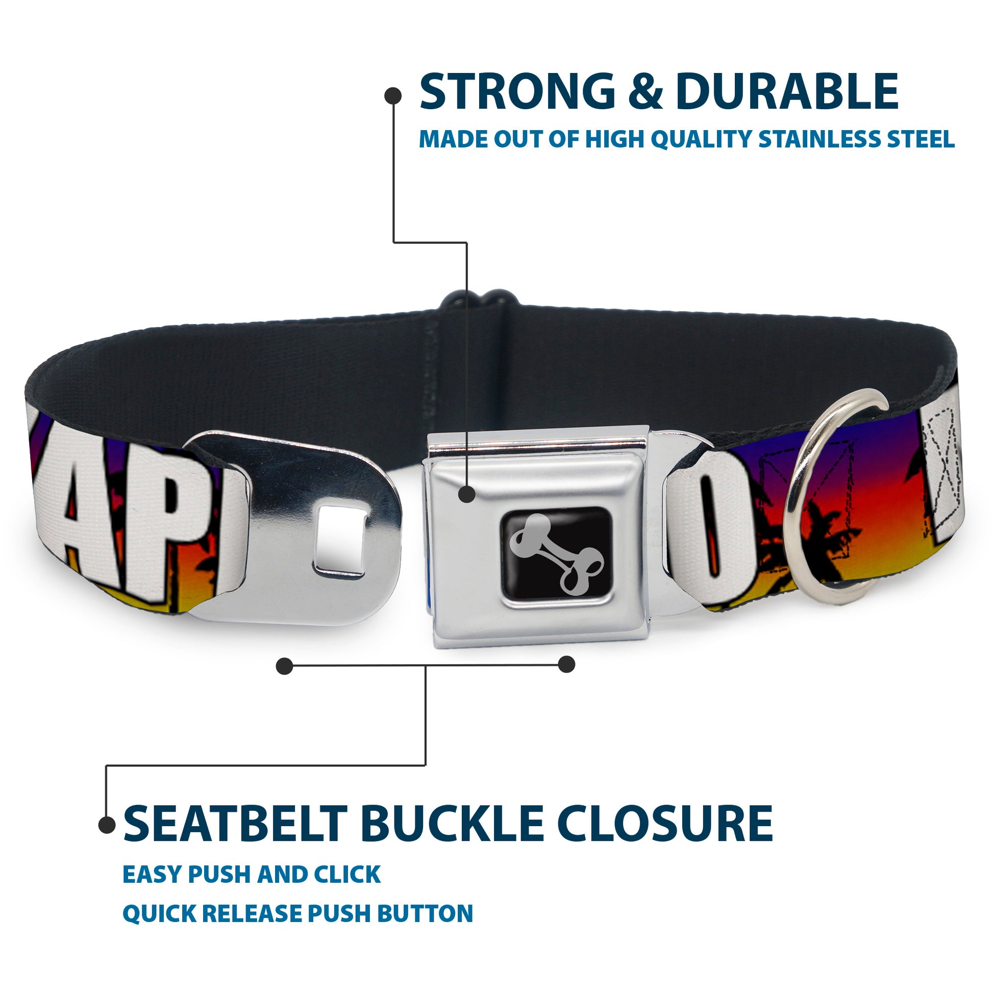 Dog Bone Seatbelt Buckle Collar - Florida Cities Palm Tree Sunset/White Seatbelt Buckle Collars Buckle-Down