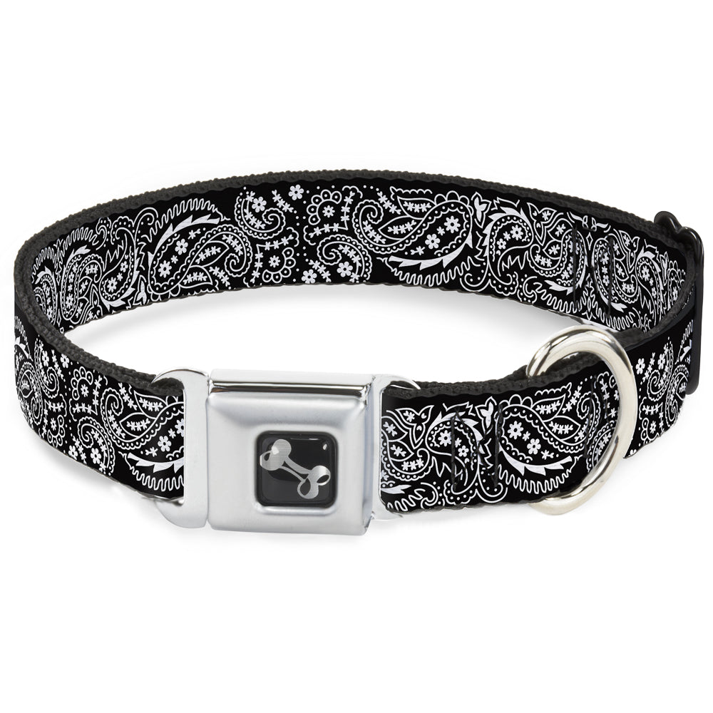 Dog Bone Seatbelt Buckle Collar - Floral Paisley2 Black/White Seatbelt Buckle Collars Buckle-Down